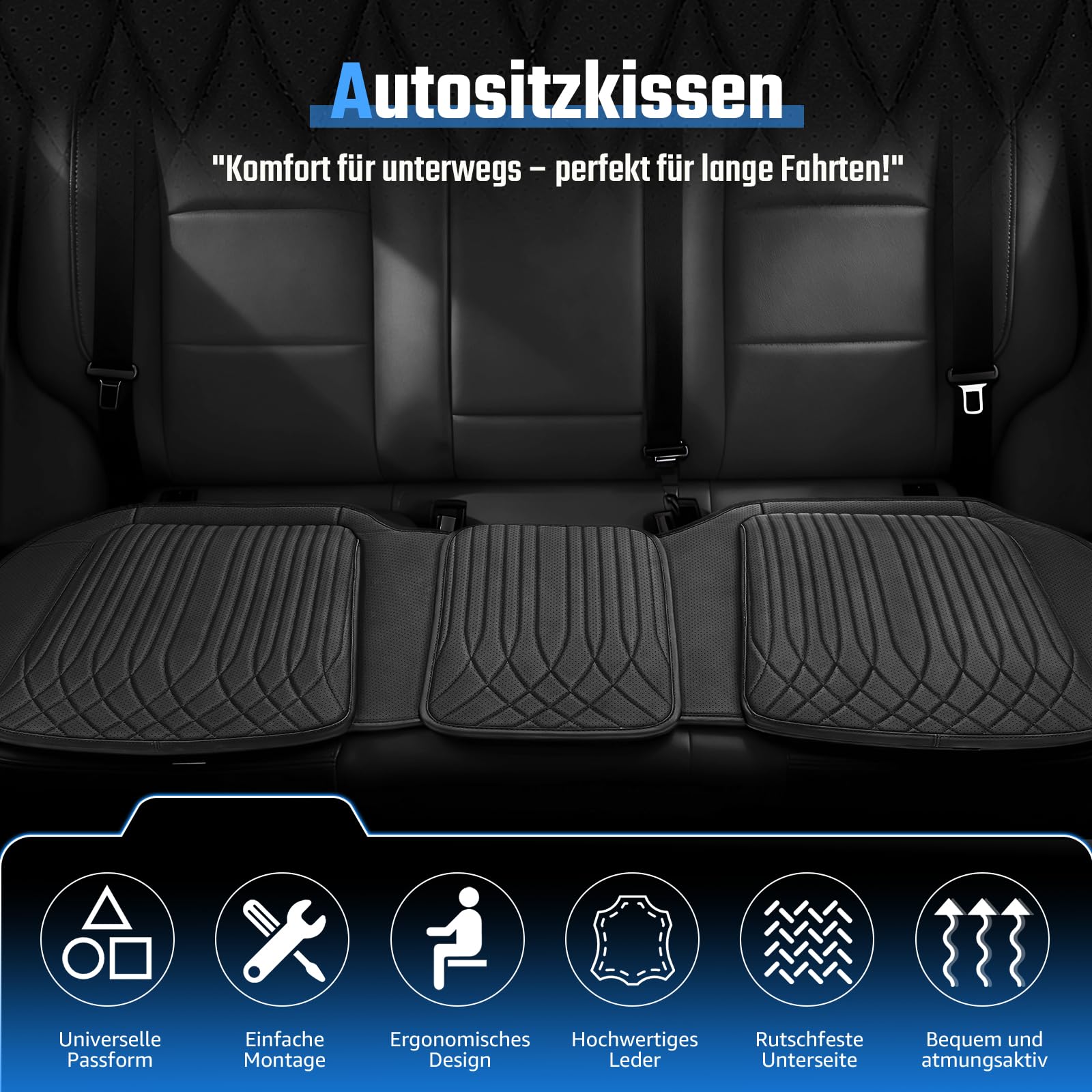 GEARMONSTER Universal Rücksitzauflage Auto, Sitzkissen für Rückbank, Weich & Atmungsaktiv, rutschfest, Nappa-Optik Kunstleder Autositzauflage, Schwarz