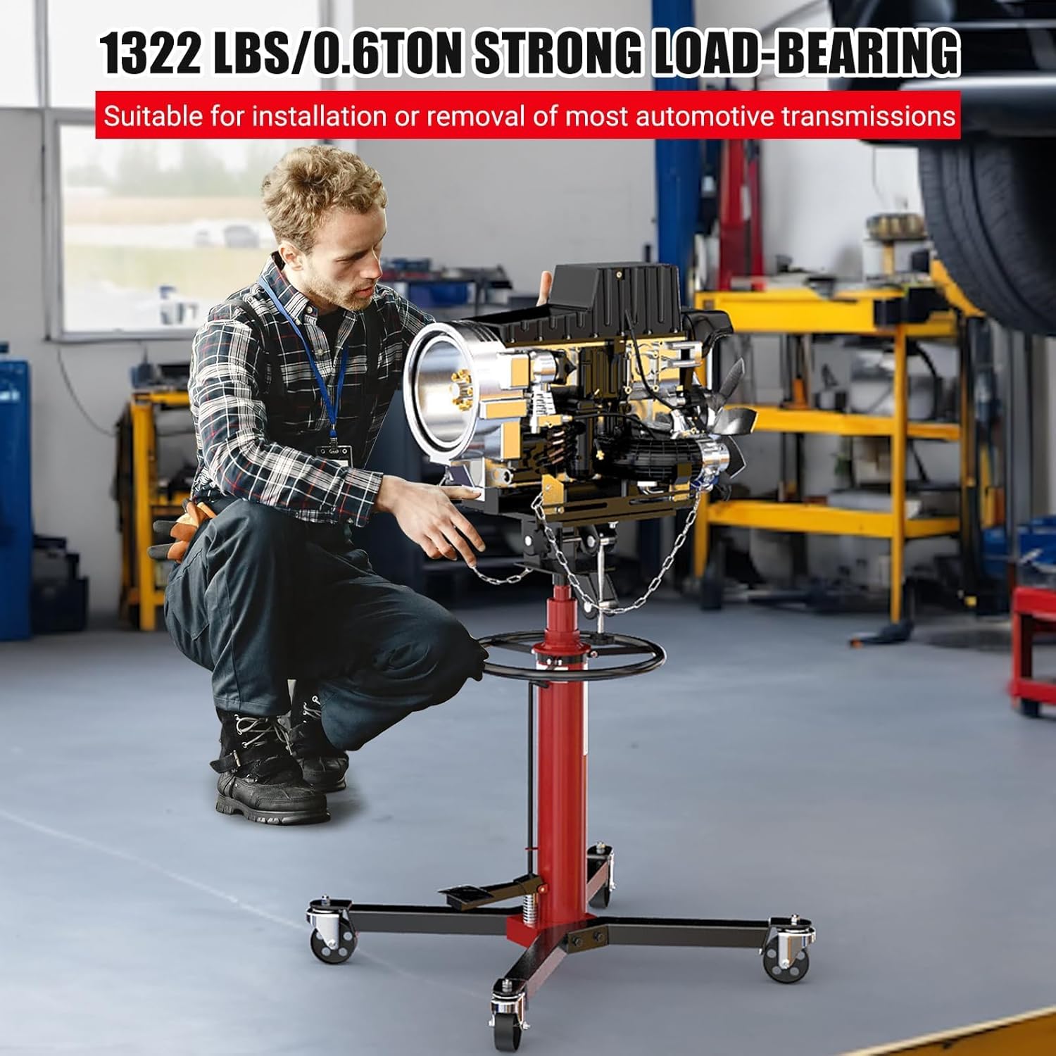 Transmission Jack, 1322 LBS/0.6 Ton Heavy Duty Hydraulic Transmission Jack with 360° Swivel Wheel, 34.3" - 68.5" High Lift with Foot Pedal, Red