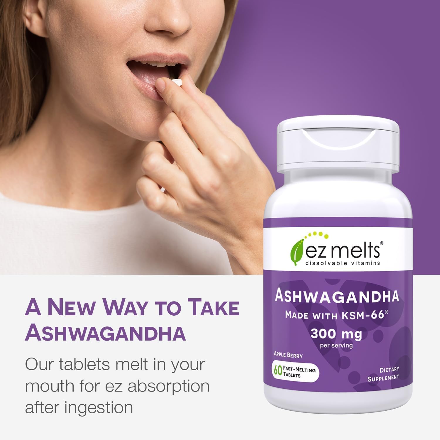 EZ Melts Dissolvable Ashwagandha 300 mg, Apple Berry, 60 Tablets — Amazon image 3