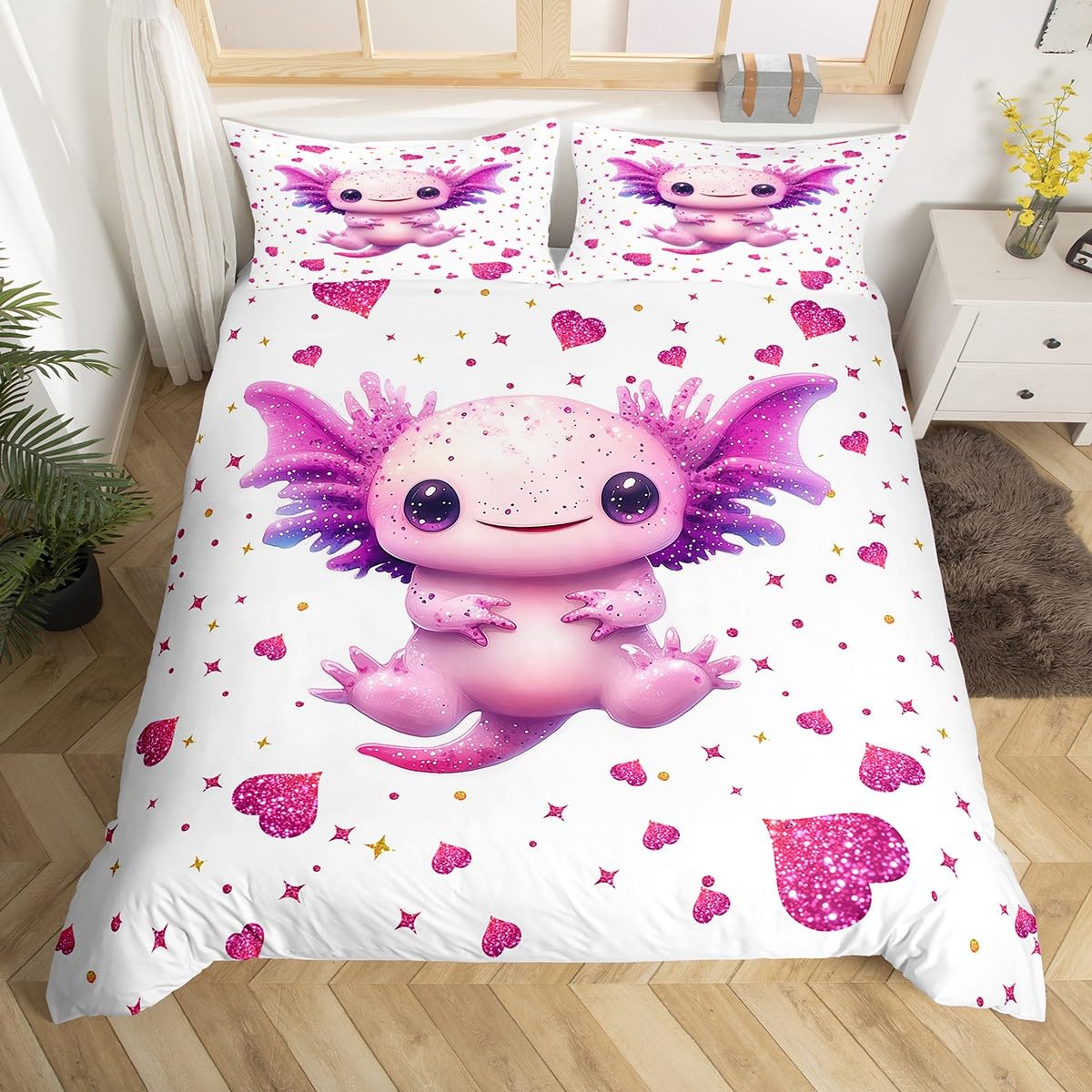 Brokatowa poszewka na kołdrę Axolotl King dla dziewcząt fioletowa księżniczka zwierzęta uroczy zestaw pościeli, miłość serce dekoracja poszewka na kołdrę dla dziewcząt sypialnia dekoracyjna