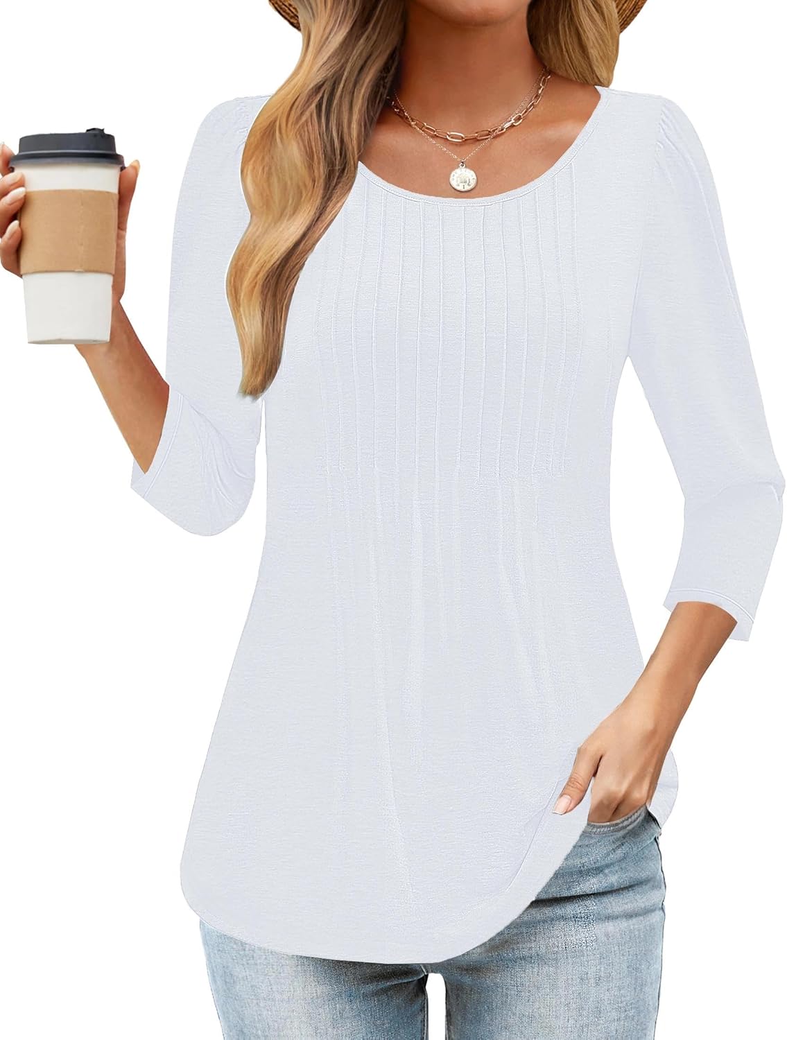 Womens Tops 3/4 Length Sleeve Dressy Casual Blouses Spring Summer Trendy Pleated Tunic Tops - Image 2