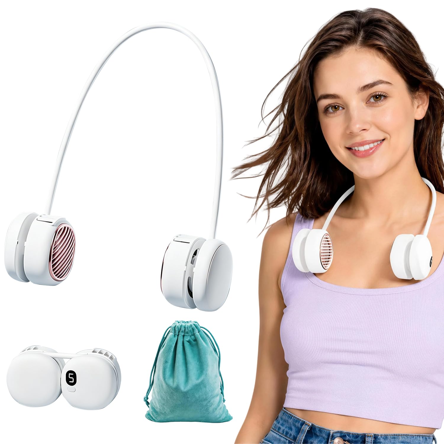 Portable Neck Fan Rechargeable, Hands Free Bladeless with Adjustable 360° Flexible Silicone | 5 Speeds, Ultra-Quiet 40db Lightweight Foldable Wearable Cooling Fan for Home Office Travel Gym (White)