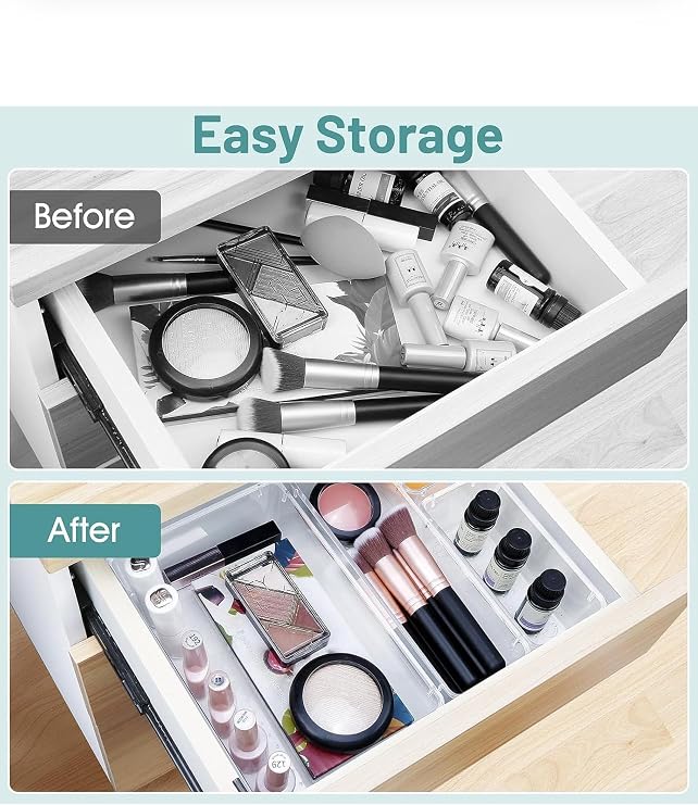Clear Drawer Organiser Trays Set, Plastic Storage Containers, 25 Pack Drawer Organiser, 4-Size Makeup Organizer Trays for Vanity, Bathroom, Desk, Office, Bedroom
