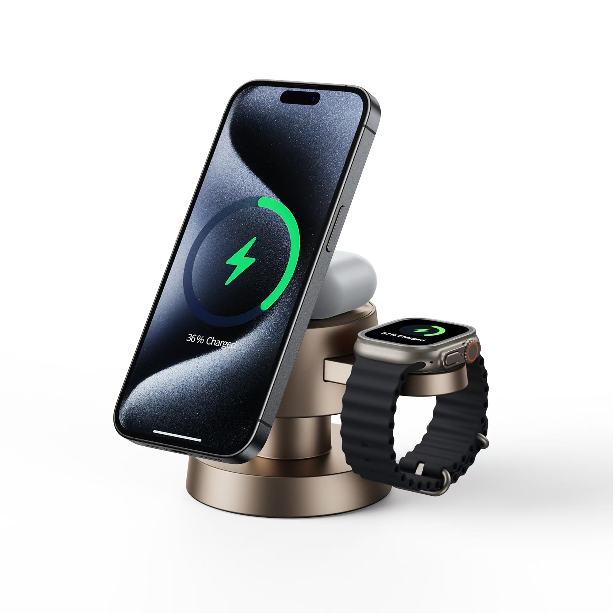 Station de charge magnétique sans fil 4 en 1, charge rapide de 15 W avec veilleuse réglable, station de charge magnétique sans fil pour iPhone 16, 15, 14, 13, 12 Pro Max et Apple Watch, AirPods 3/2/1
