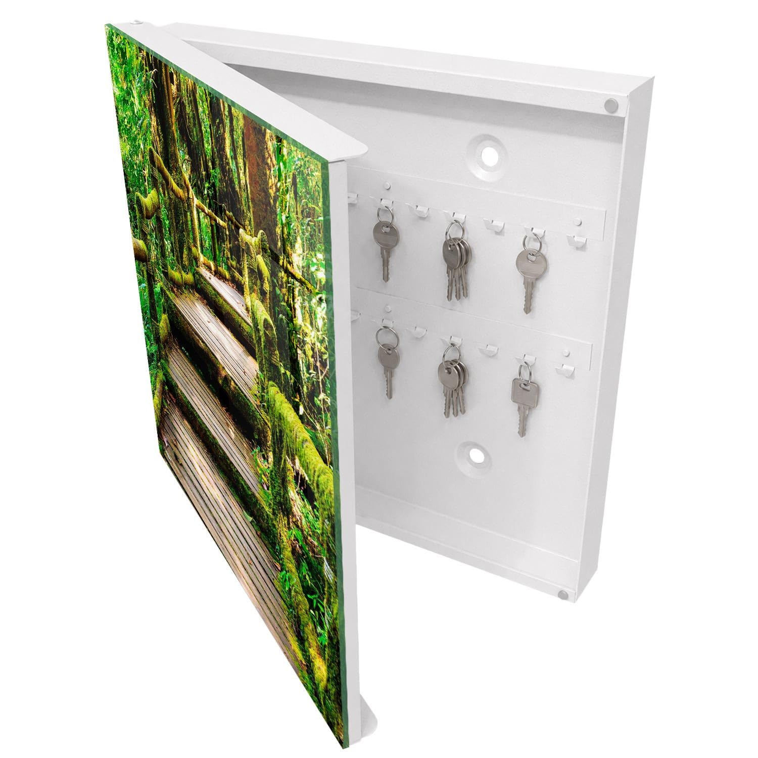 Armadietto Portachiavi 30x30 cm | Bianco | A Sinistra | Montaggio a Parete | Ponte della foresta | Tasselli e Viti Inclusi | in Metallo | per Uffici | Frontale Decorativo in Vetro Temperato