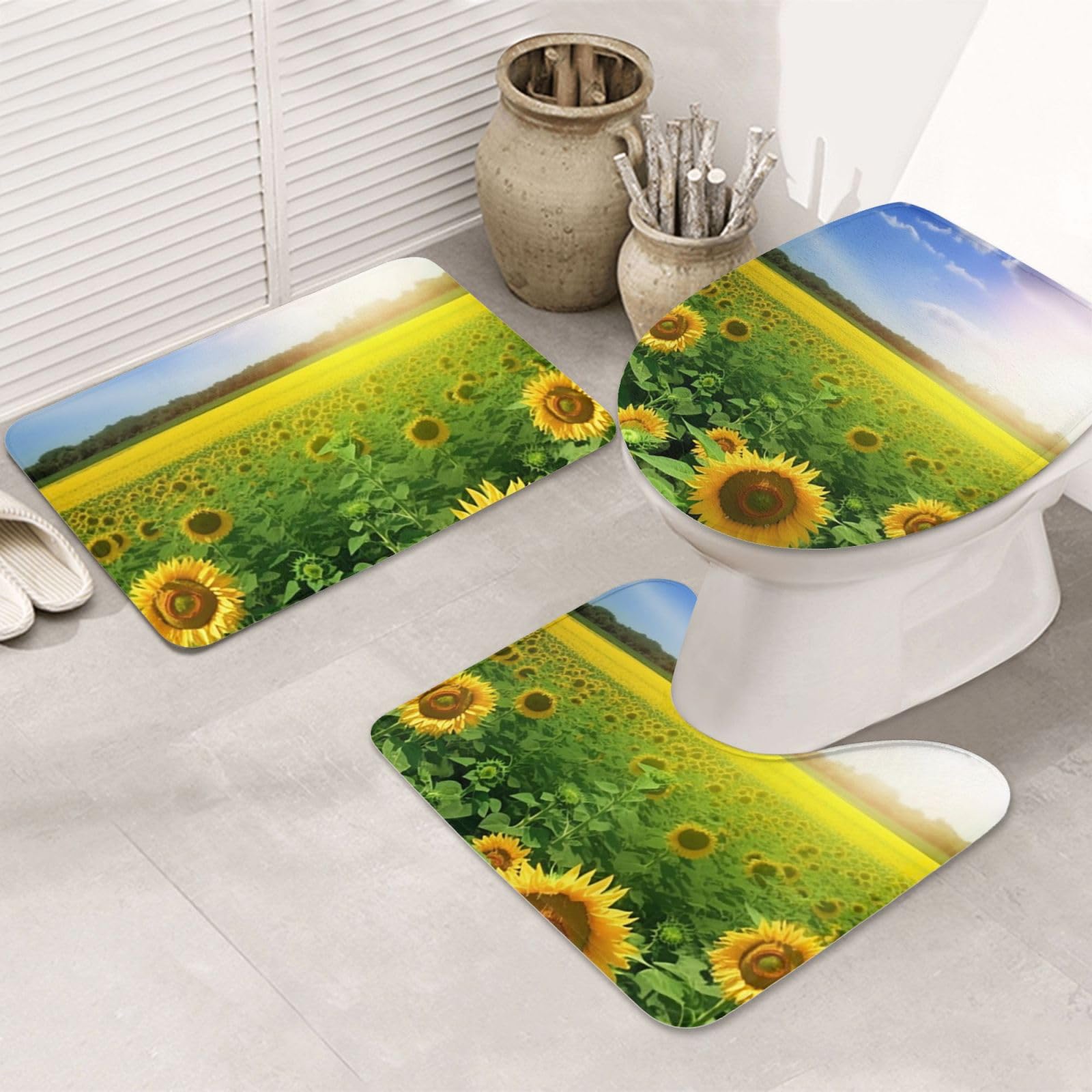Tapis de salle de bain absorbants lot de 3 avec contour WC U motif prairie