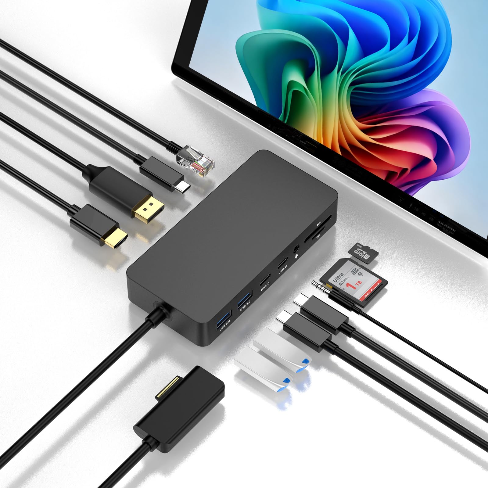 Neue Microsoft Surface Dockingstation mit drei 4K@60Hz-Displays (HDMI+USB C+DP) und Netzteil, Surface Pro Dockingstation für Microsoft Surface Pro 12/11/10/9/8/X/7/6/5/4/3,Surface Laptop 7/6/5/4/3/2/1
