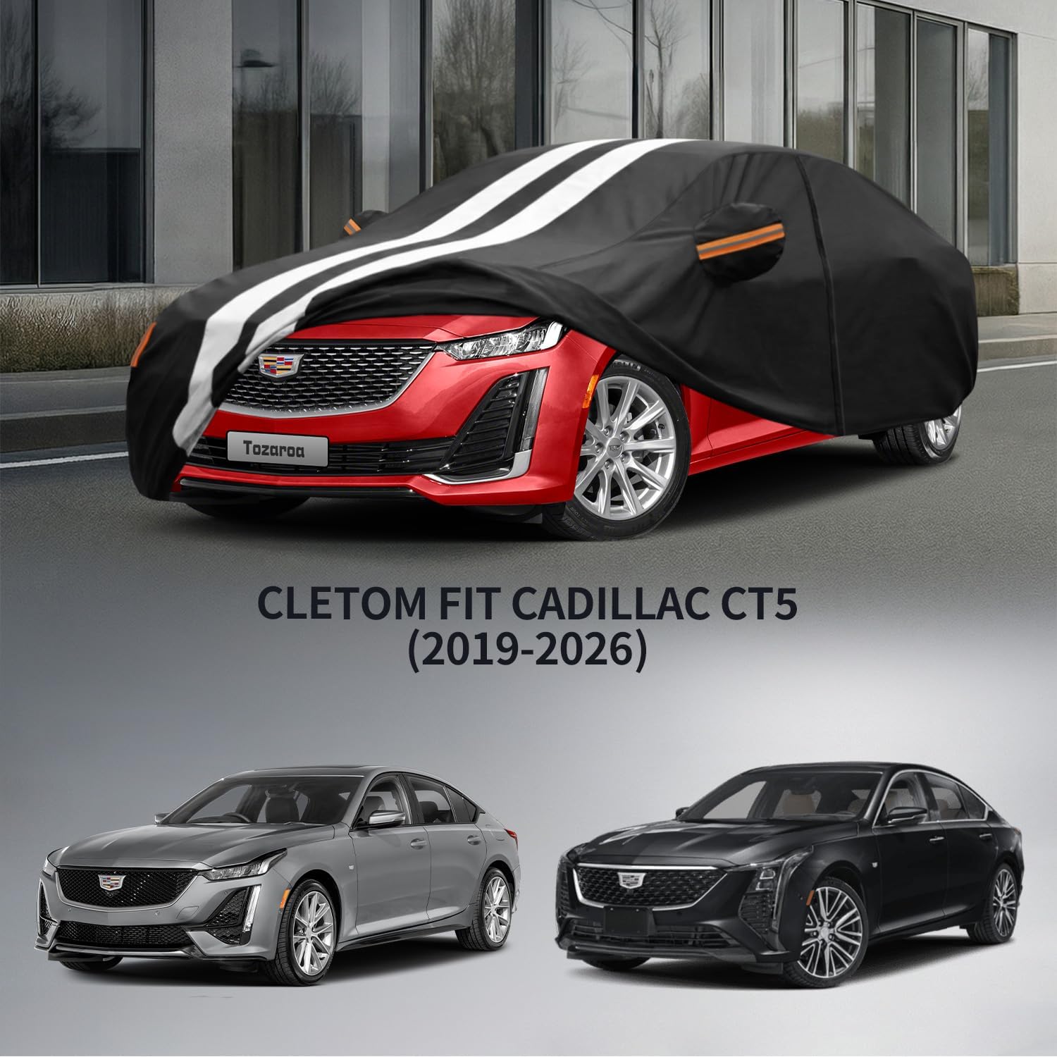 Multi-Layer Car Cover Custom Fit for Cadillac CT5 (2019-2026), 100% Waterproof All Weather for Automobiles, Gift with Towel, Heavy Duty Car Covers for Rain Sun UV Protection with Door Zipper.