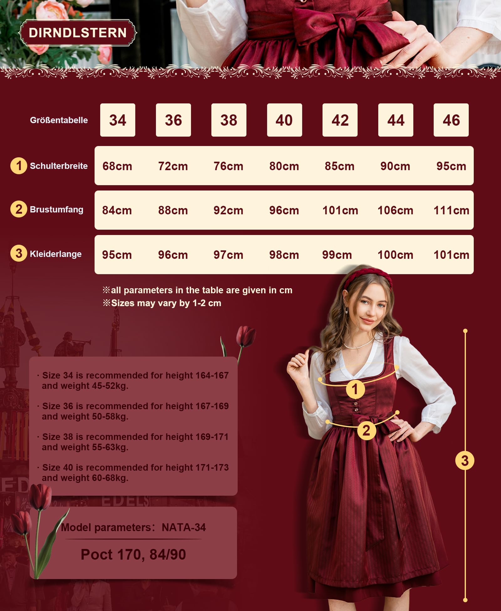 DIRNDLSTERN Damen Midi Rot –Trachtenkleid Damen Dirndlkleid mit Plissee Dirndlschürze für Oktoberfest