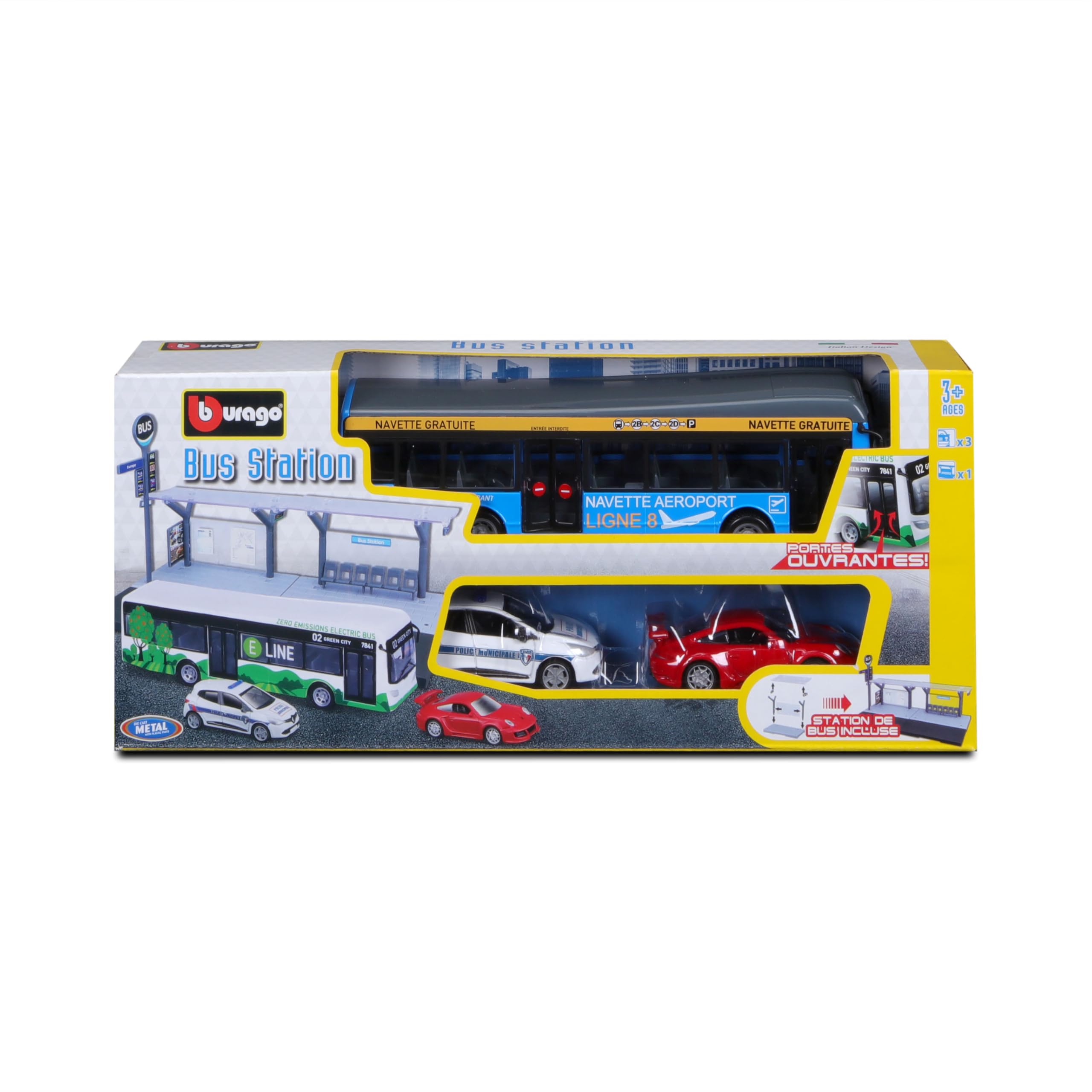 Bburago - Playset Public Transport w skali 1/64 - autobus, tramwaj, stacja + 2 pojazdy - Zabawka edukacyjna dla dzieci - modele losowe - Rozwija wyobraźnię i kreatywność