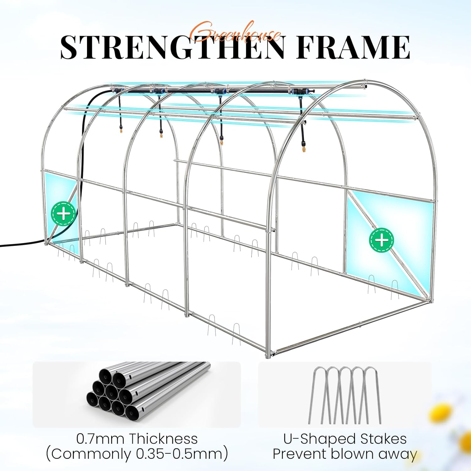 KING BIRD Premium 15x6.6x6.6FT Greenhouse for Outdoors, Large Walk-in Heavy Duty Galvanized Steel Frame, Mesh Door Screen Window Tunnel Hoop Garden Plant Winter Hot House, with Watering Kits, White
