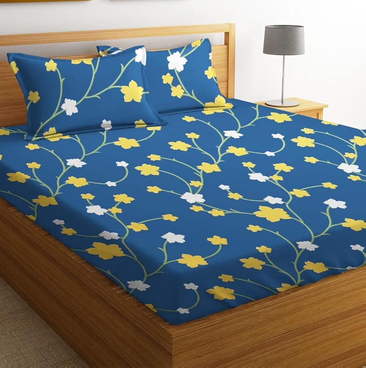 100% Microfiber bedsheet for Double Bed with 2 Pillow Covers Breathable | Wrinklefree and Softtouch Floral Print Sheet- White Yellow & Blue