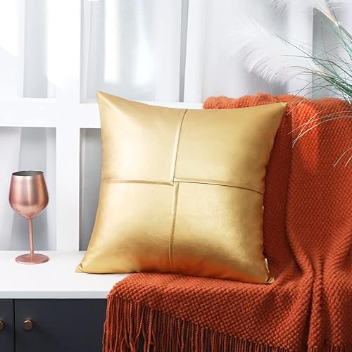 Miniatura 4 de BRAWARM Fundas de almohada de cuero sintético de 20 x 20 pulgadas, juego de 2 fundas de almohada de cuero dorado, fundas de almohada de cuero