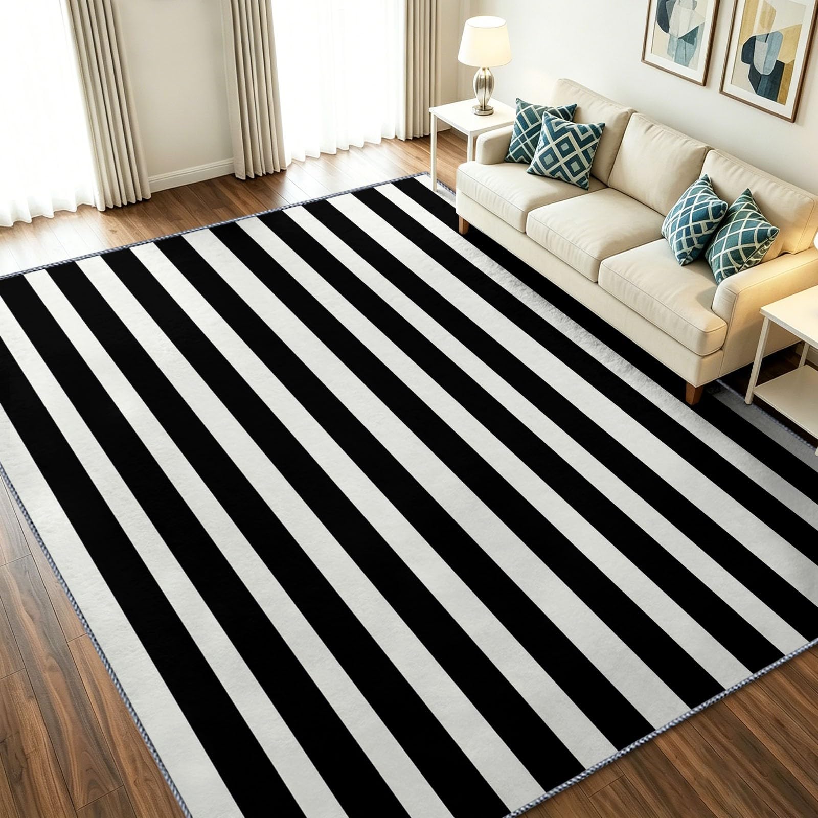 Alfombra lavable pequeña blanco nórdico de pelo corto y felpudo interior negro de rayas