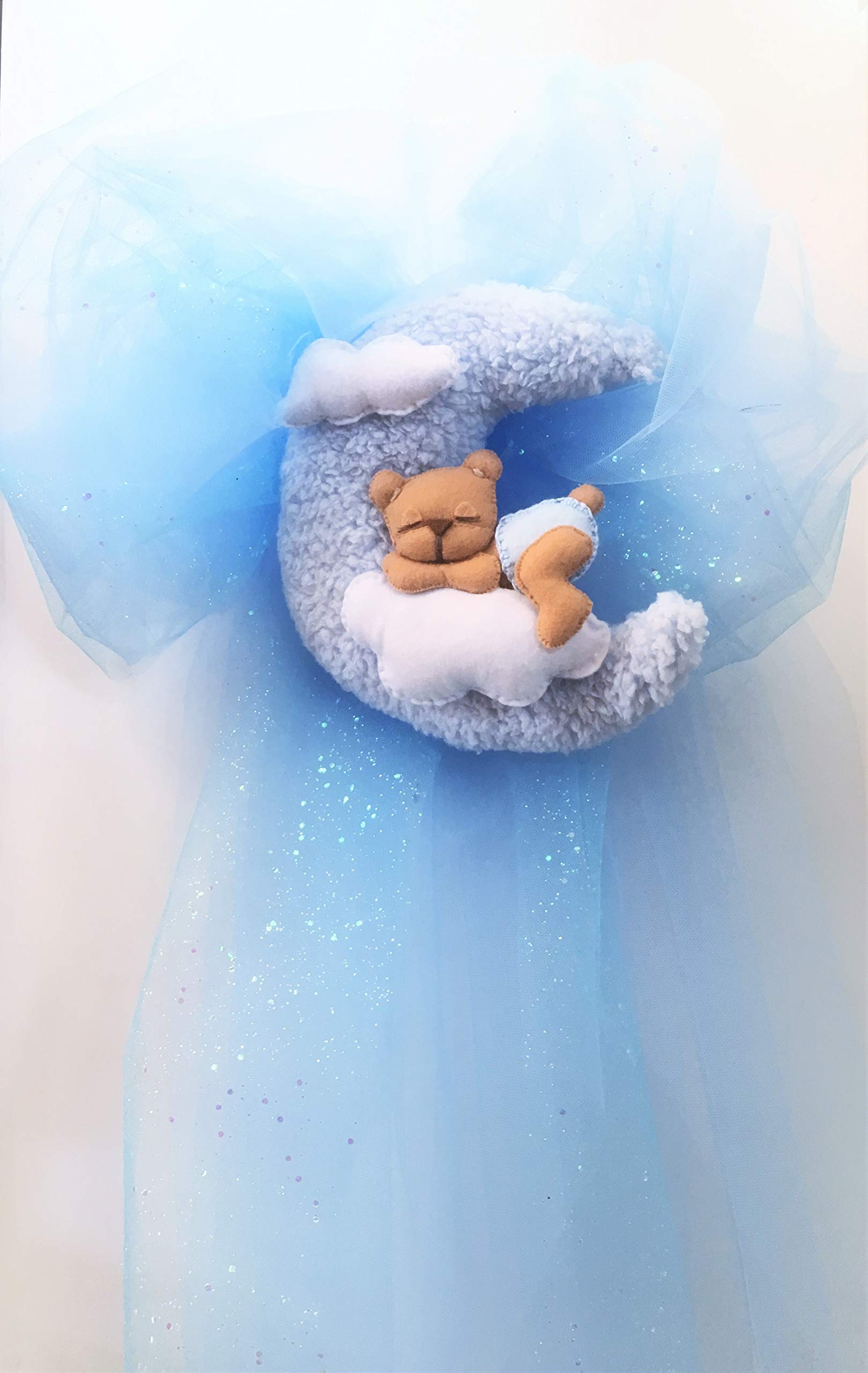 Fiocco nascita bimbo (Azzurro). realizzato interamente a mano, per rendere speciale la nascita della tua bambina o bambino con elementi in morbido peluche e pannolenc
