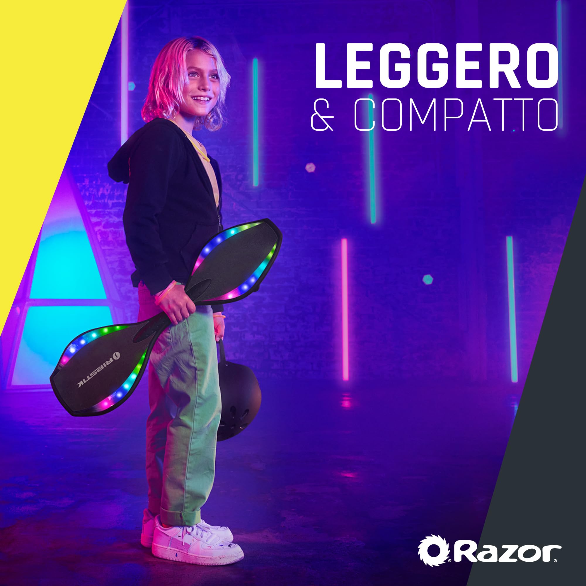 Razor Ripster Lightshow Waveboard - Tavola a Rotelle per Bambini Dagli 8 anni in su con Sterzo a 360°, Ponte Luminoso Attivato dal Movimento, 5 Modalità di Luce, Antiscivolo - Nero