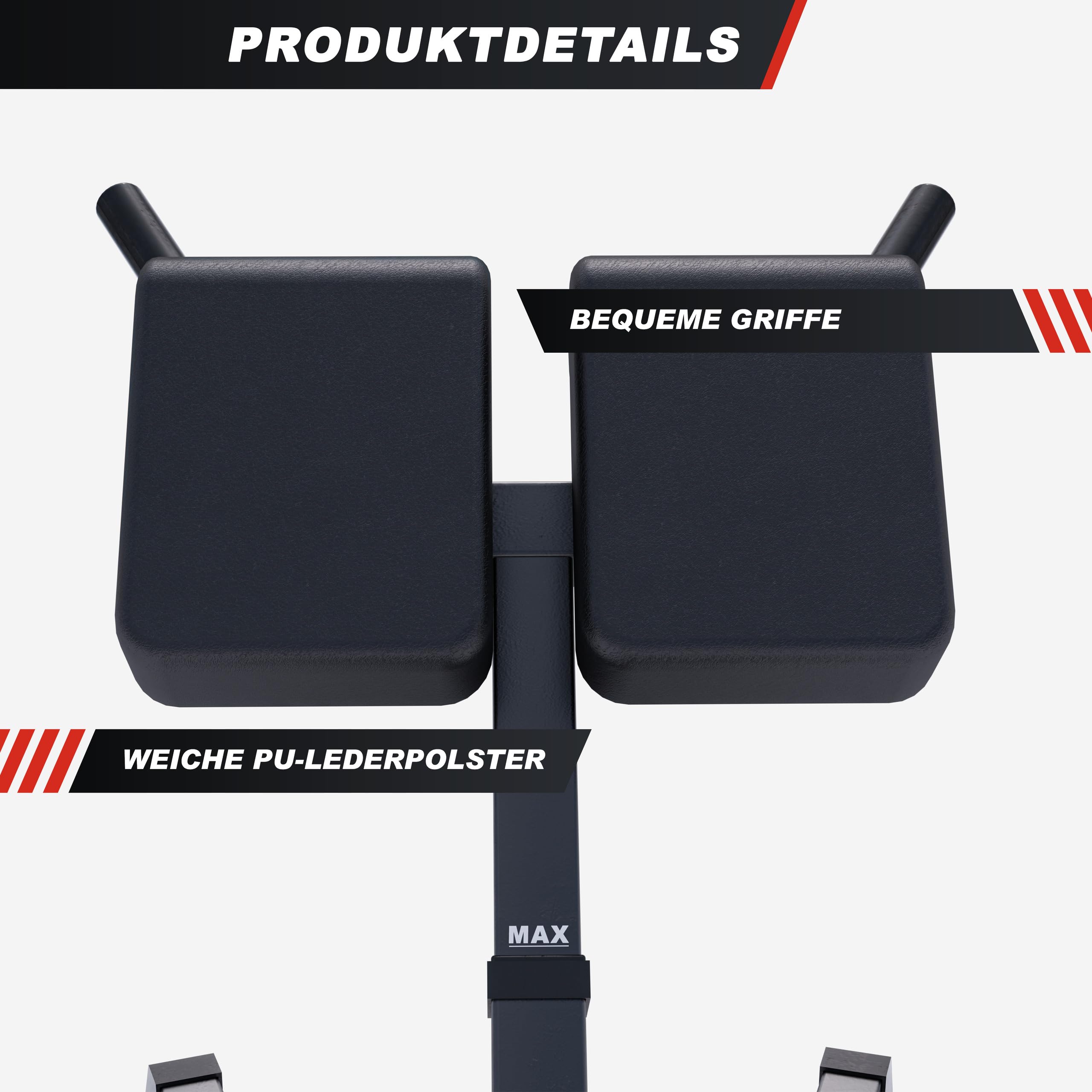 MAXXUS Hyperextension Rückentrainer - Verstellbar, bis 150/180 kg, mit Beinfixierung, Haltegriffen - Bauchtrainer, Römische Bank, Multifunktionales Workout Bench