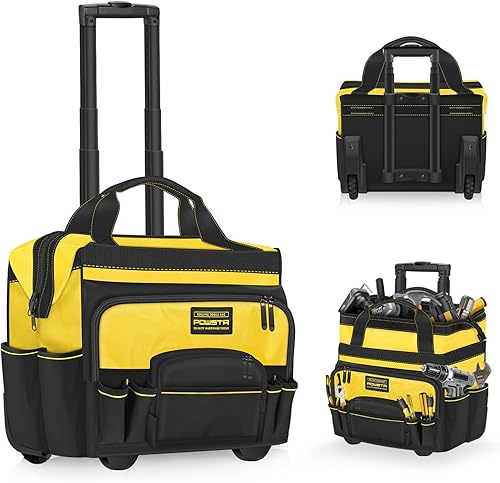 Bolsa de herramientas con ruedas de 18 pulgadas con ruedas, bolsa de herramientas con ruedas de 15 bolsillos, mango retráctil y base estable, bolsas