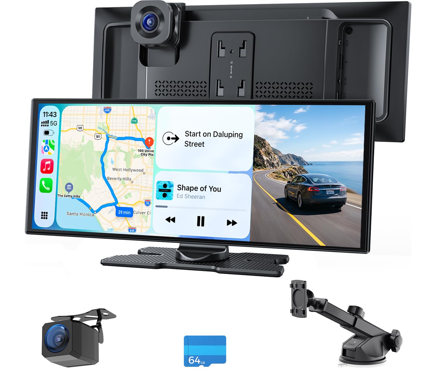 Avylet Schermo CarPlay da 10,25" con BSD AI Posteriore, Dash Cam Doppia 4K, Apple CarPlay e Android Auto Wireless, 60FPS 1920×720, Mirror Link, GPS, Navigazione, Controllo Vocale, Scheda TF 64GB