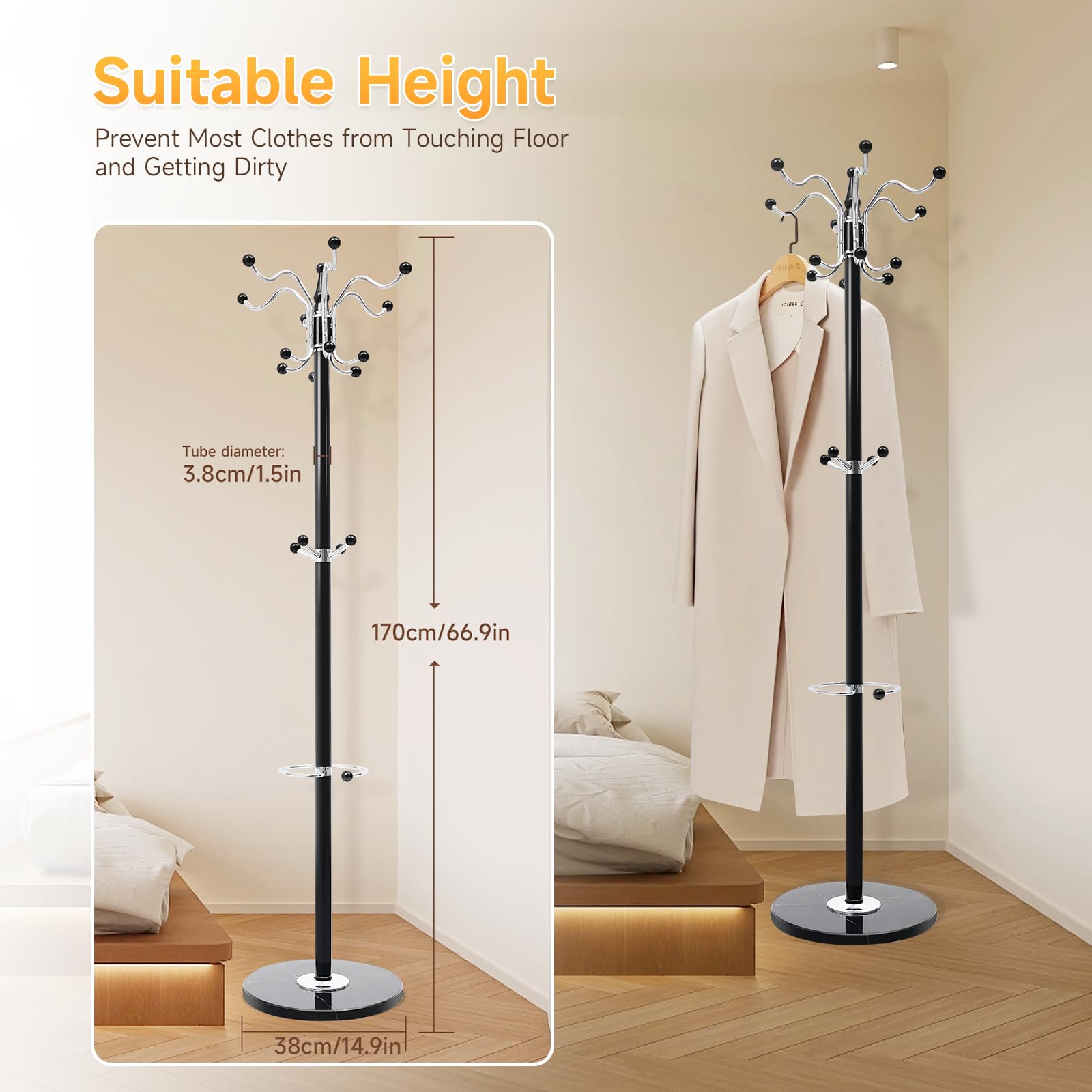 Treeisland Perchero con paragüero de 170 cm de metal con base de mármol y 16 ganchos para ropa