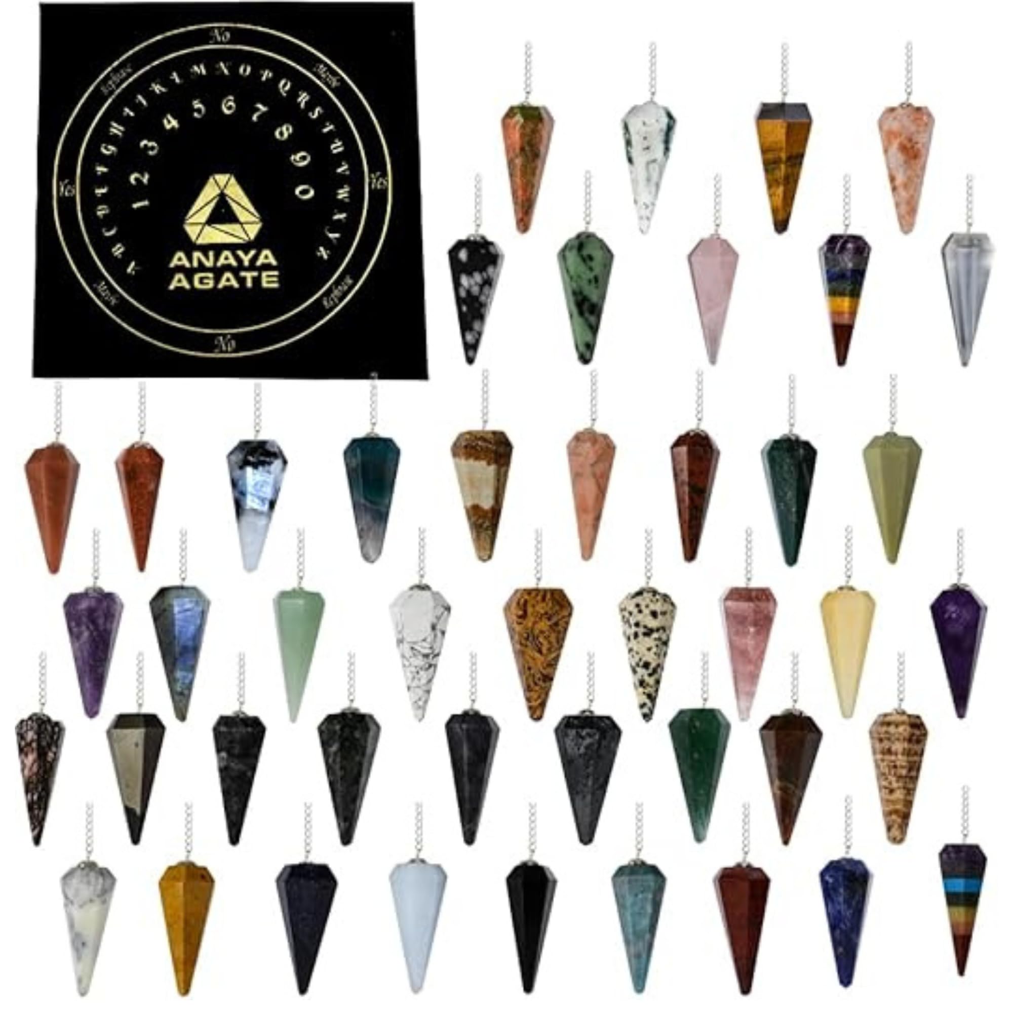 ANAYA AGATE Pack of 11 Crystal Pendulums Bulk Set with Pendulum Board - Wholesale Bulk Crystals - Wholesale Dowsing Pendulum Kit with Chakra Crystal, Divination Board & Natural Gemstone Healing