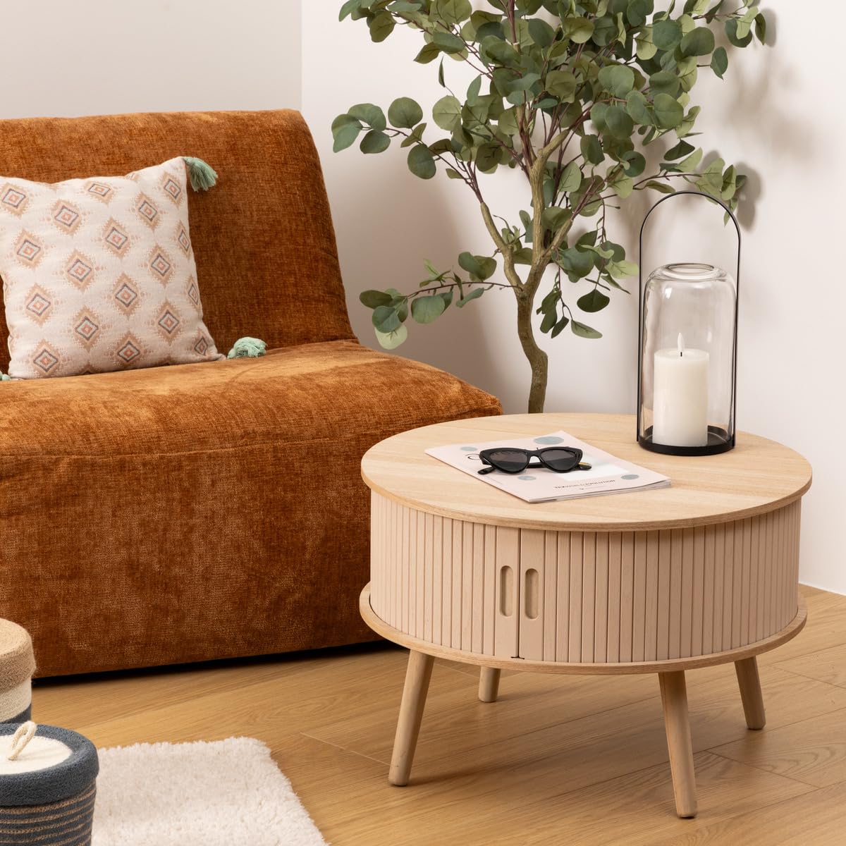 Atmosphera - Mesa de Centro Redonda Nysos, Beige y Madera, 60 x 41 cm de Profundidad, Puertas correderas de Listones - para salón, Mesa Auxiliar
