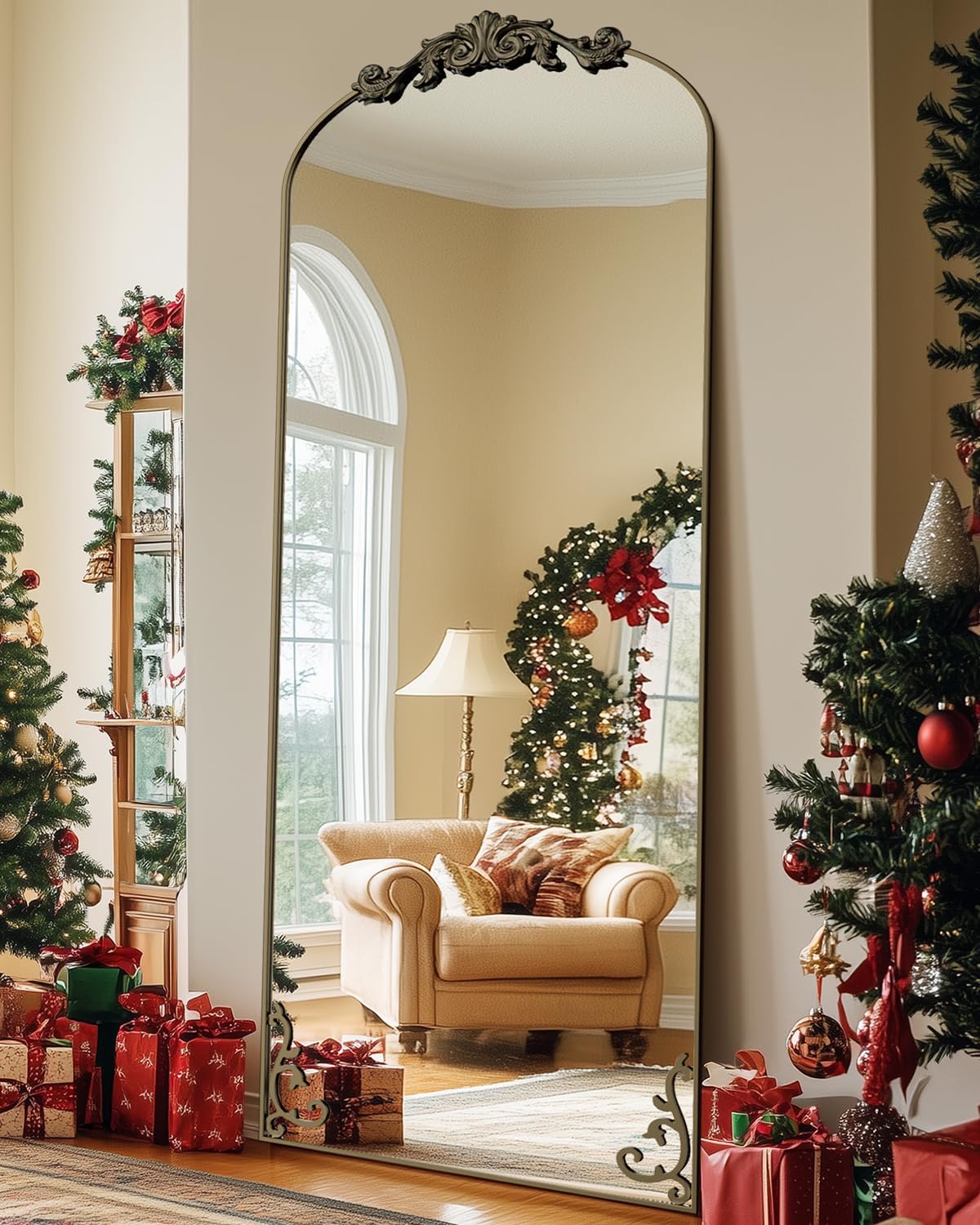 Antok Arched Full Length Mirror, 71"x28" Floor Mirror with Carved, Full Body Mirrors for HomeDecor, Standing/Halling Large Wall Mirror for Bedroom, Living Room, Cloakroom, Bronze, Luxury Style