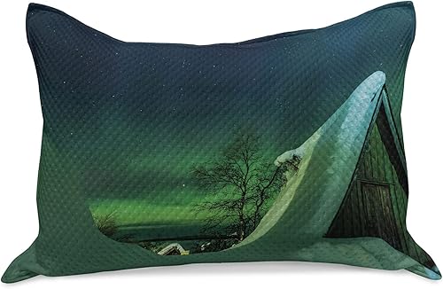 Ambesonne Aurora Borealis Knitted Quilt Pillowcover, Wooden Roof House Winter ICY Arctic View Cold Climates Air Image, Standard King Size Pillow