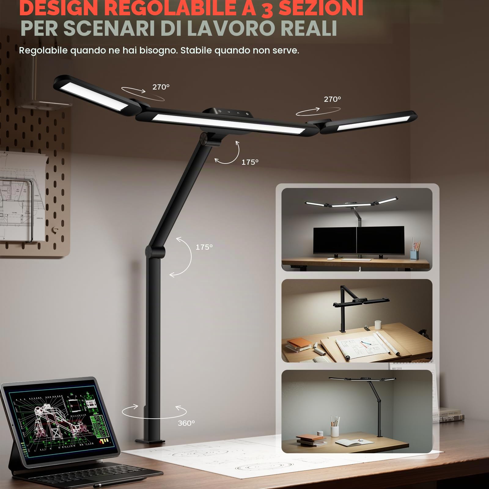 Honeywell Ampia lampada da scrivania con morsetto per doppio monitor, lampada da scrivania a LED a spettro completo da 22 W per casa e ufficio, luce architetto regolabile in 3 sezioni per scrivania