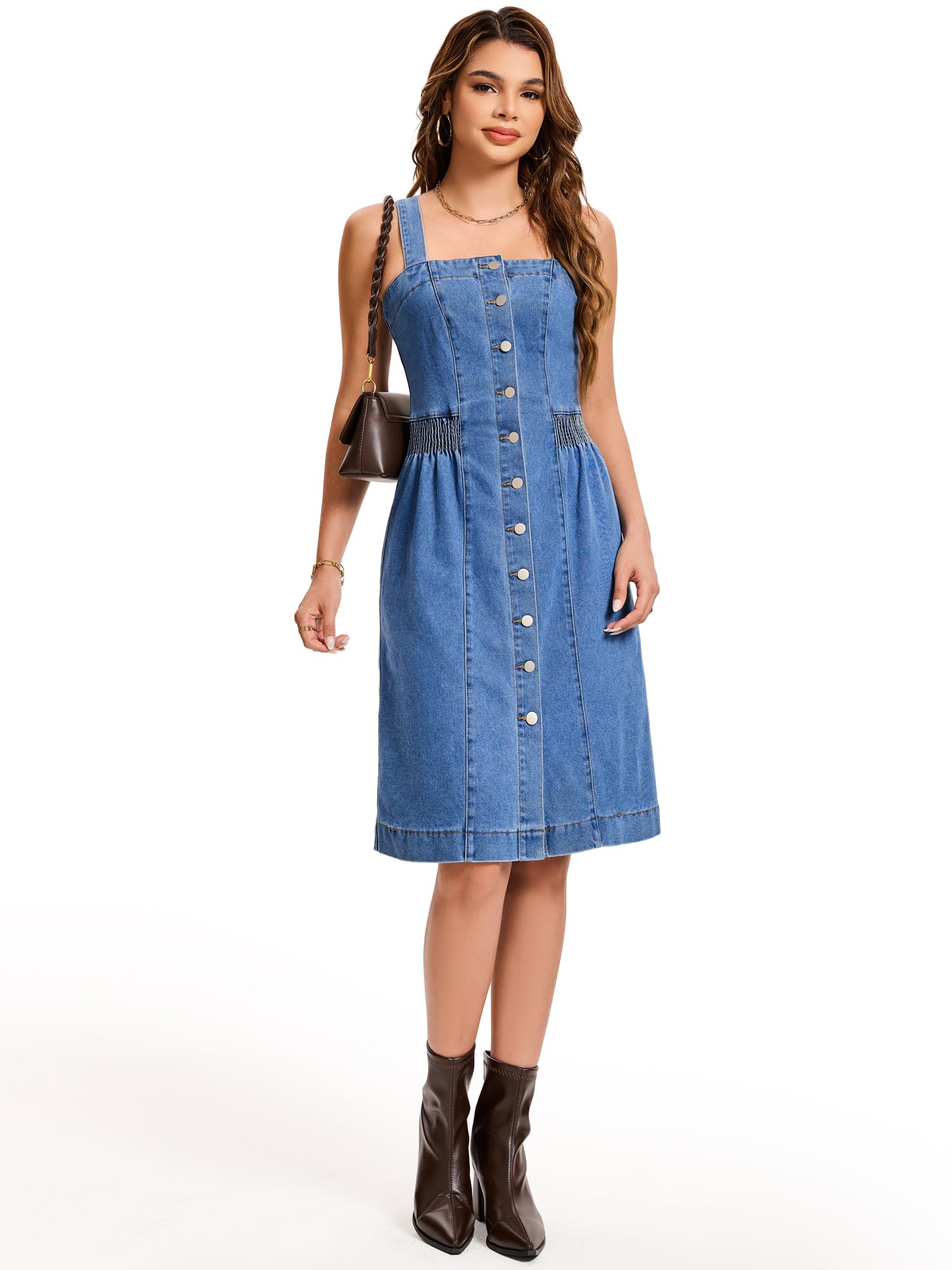 Robe Midi en Jean Femme sans Manches Boutonnage sur Le Devant