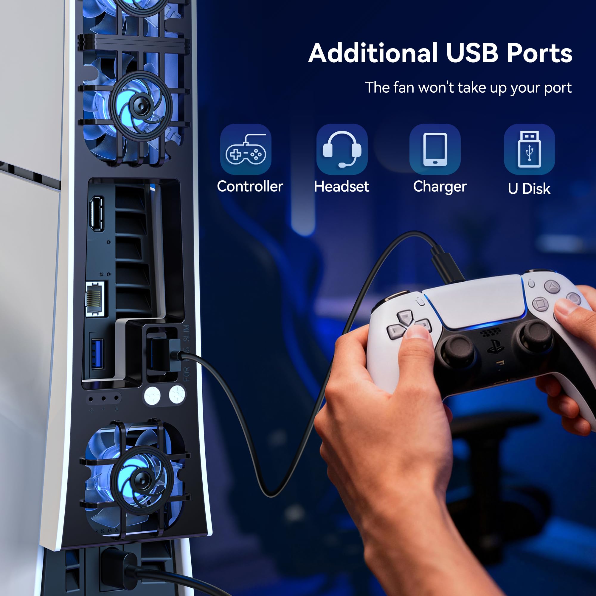 NEWDERY Ventola di raffreddamento per console PS5 Slim, ventola di raffreddamento silenziosa aggiornata, velocità regolabile in temperatura automatica, luce RGB dinamica, porta USB 3.0