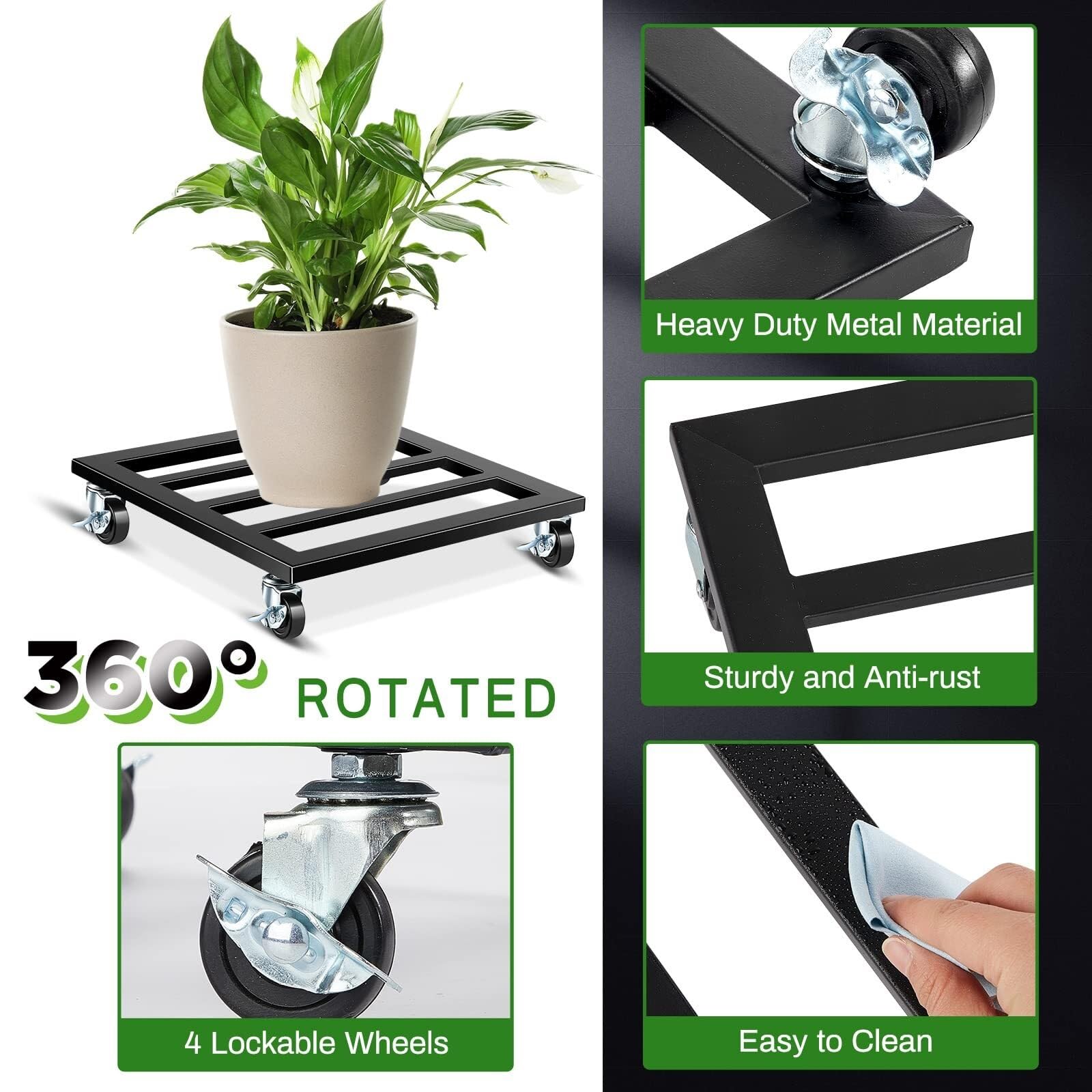 Macetero móvil con ruedas, soporte para flores de pie para interior y exterior, negro, 40 cm, para balcón, jardín, soporte universal para macetas