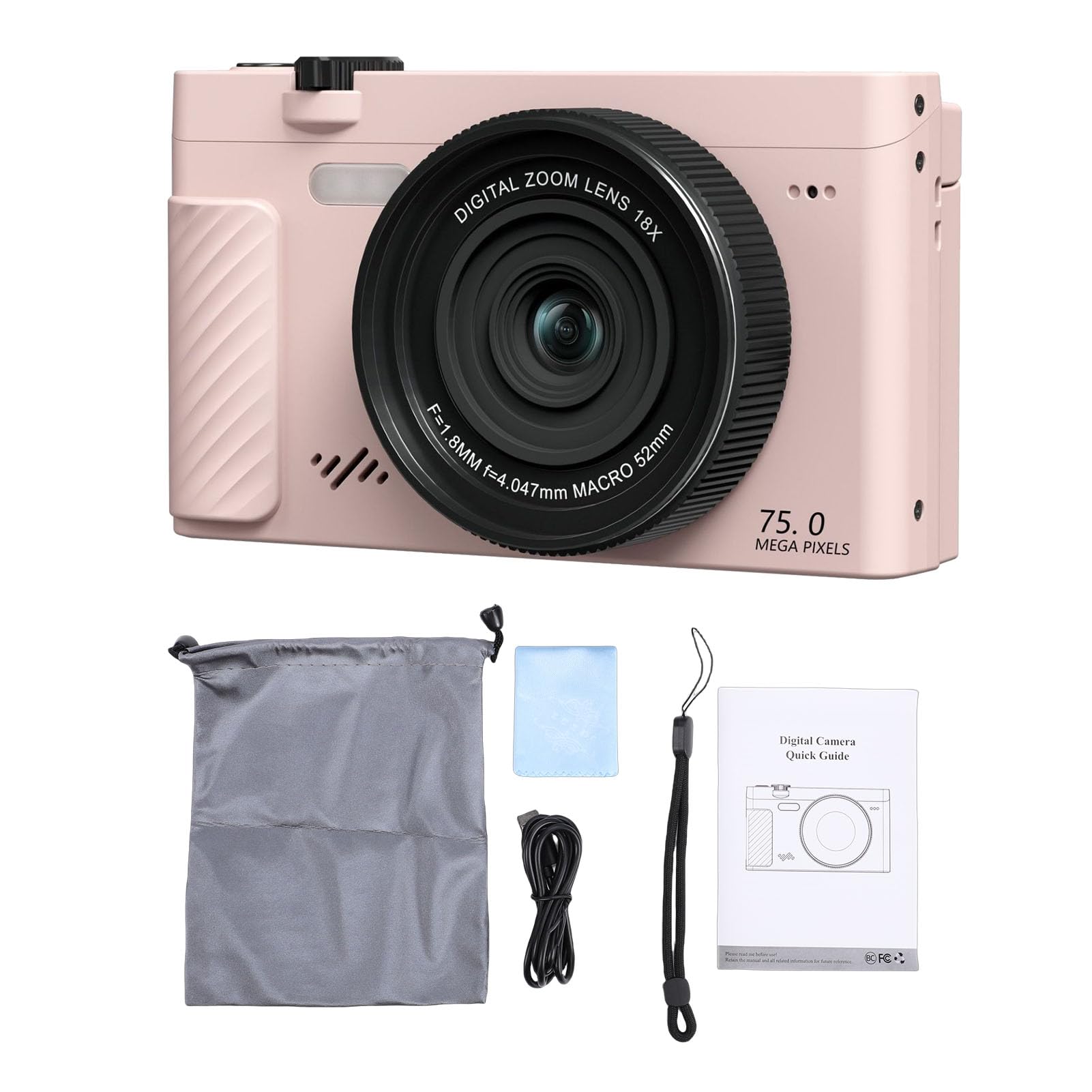Fabater Fotocamera Digitale, Fotocamera Mirrorless WiFi 4K 75MP con Schermo Flip da 3 Pollici e Zoom 18X, Fotocamere da Viaggio Compatte per Ritratti Paesaggistici e Vlogging di (PINK)