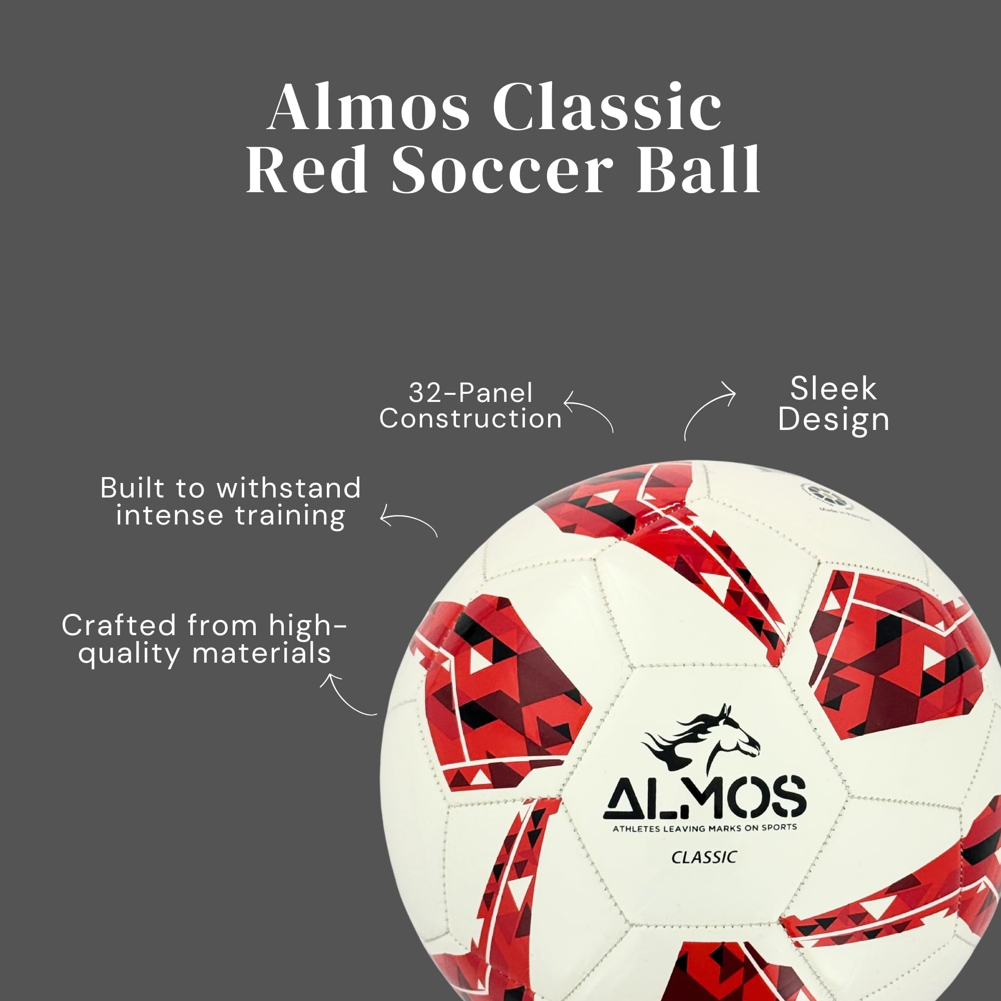 Pallone da calcio classico Almos 32 pannelli, colore rosso, qualità premium con elegante colore rosso, copertura lucida in TPU da 0,15 mm per durata e visibilità: per allenamento e partite di Almos.