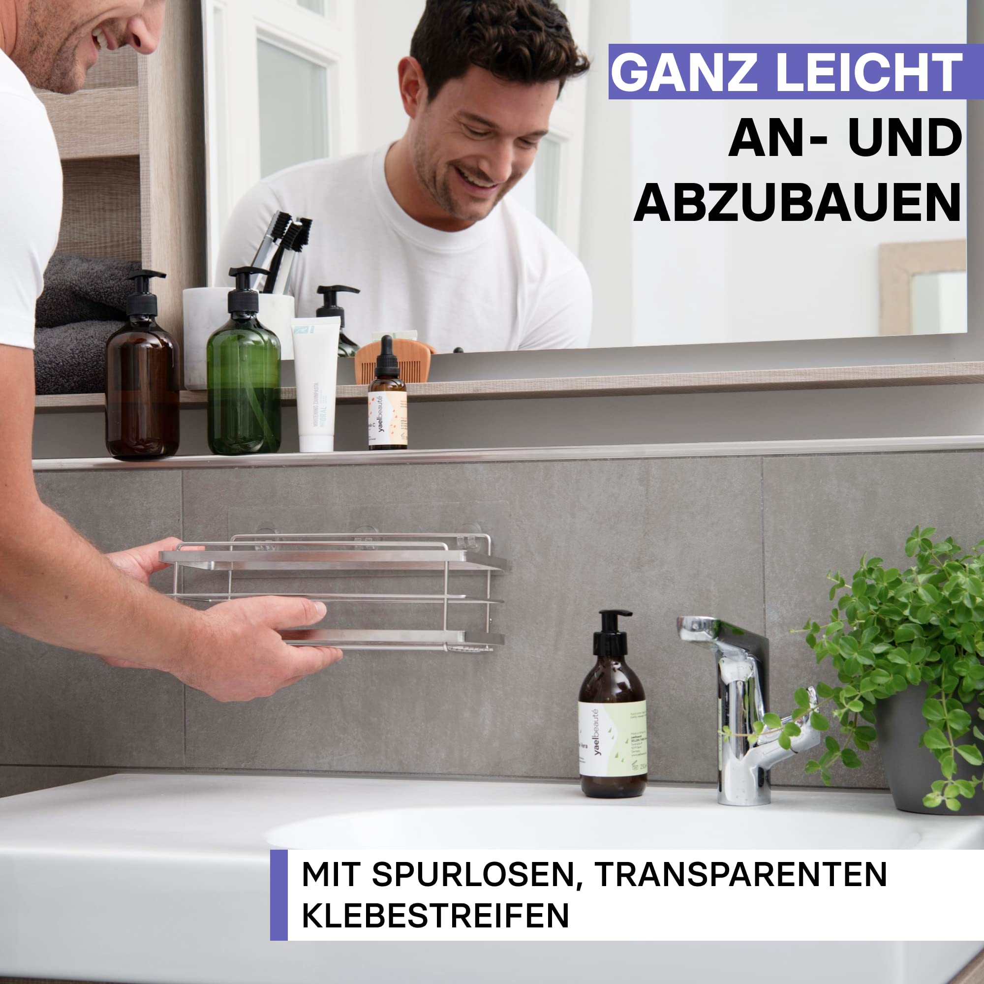 KINCMAX 2X Duschablage ohne Bohren - Edelstahl Badezimmer Organizer - Duschregal ohne Bohren - Badaccessoires - Duschkorb selbstklebend mit Haken - Shower Shelf - Silber