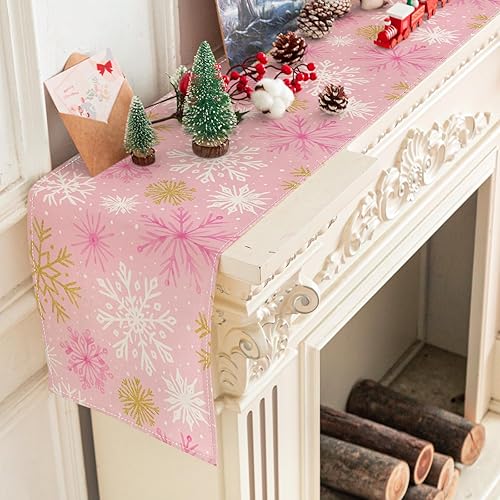 Miniatura 4 de AnyDesign Camino de mesa de invierno con copos de nieve de oro rosa para cocina, decoración de mesa de comedor, decoración de mesa de Navidad,