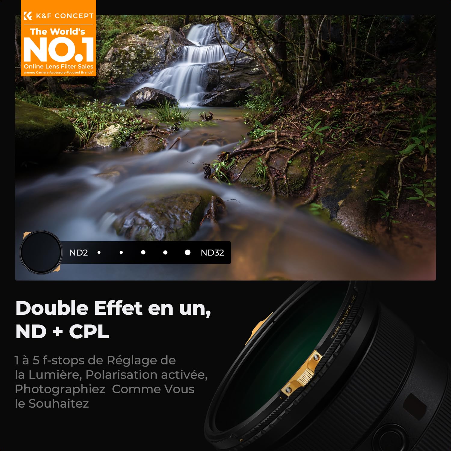 K&F CONCEPT Filtre ND2-32 et CPL 49mm Cuivre 2 en 1 Verre Optique AGC HD sans Croix Noire 1-5 f-Stops Revêtement Multicouche 36 Imperméable Anti-Rayures Anti-Reflets Nano-X Pro