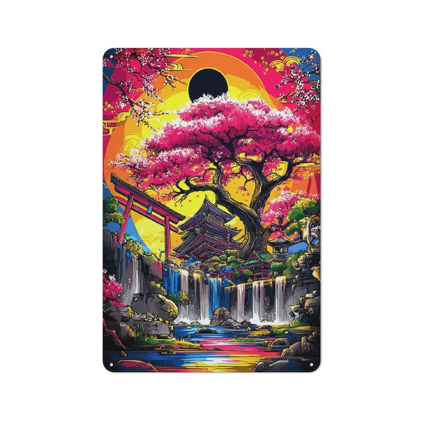 Junmoney Cherry Blossom Zen Garden Tin Wall Plaque 30X20cm With For Hallway Wall, Suited To Wall Displays In Hallways And Entrance Areas