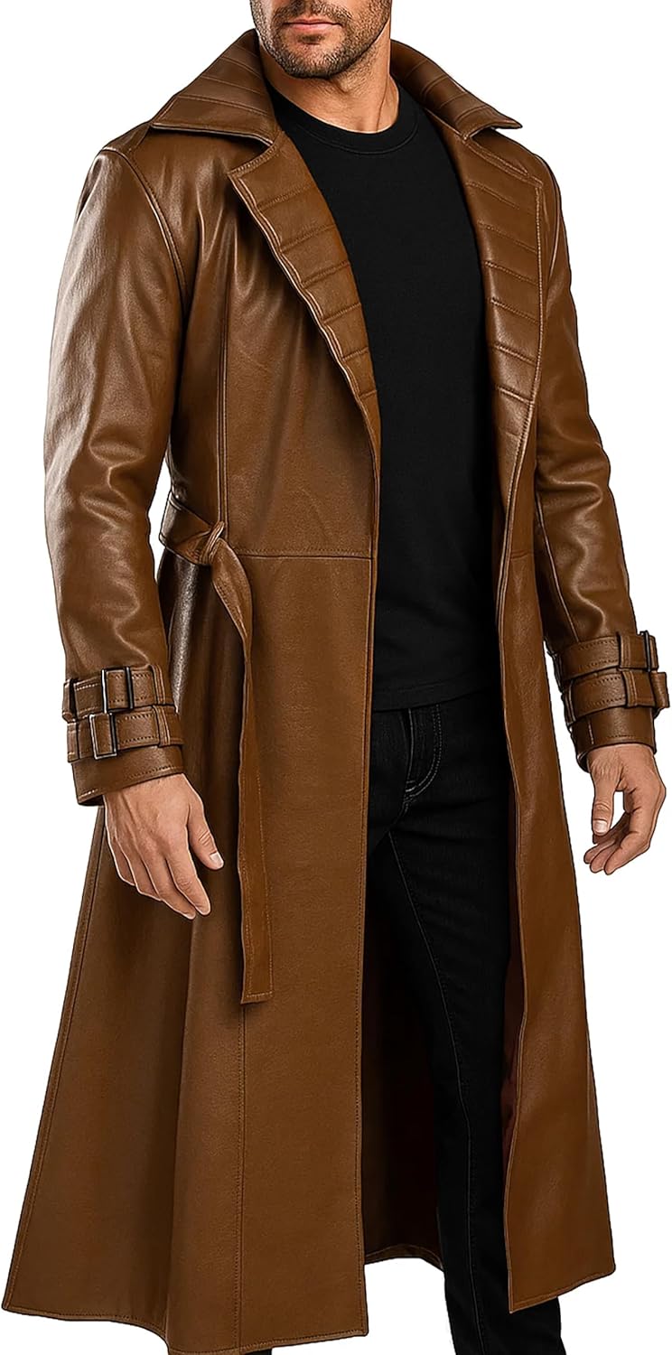 Men’s Brown Lambskin Leather Trench Coat Long Length Duster Jacket Available in Real and Faux Leather