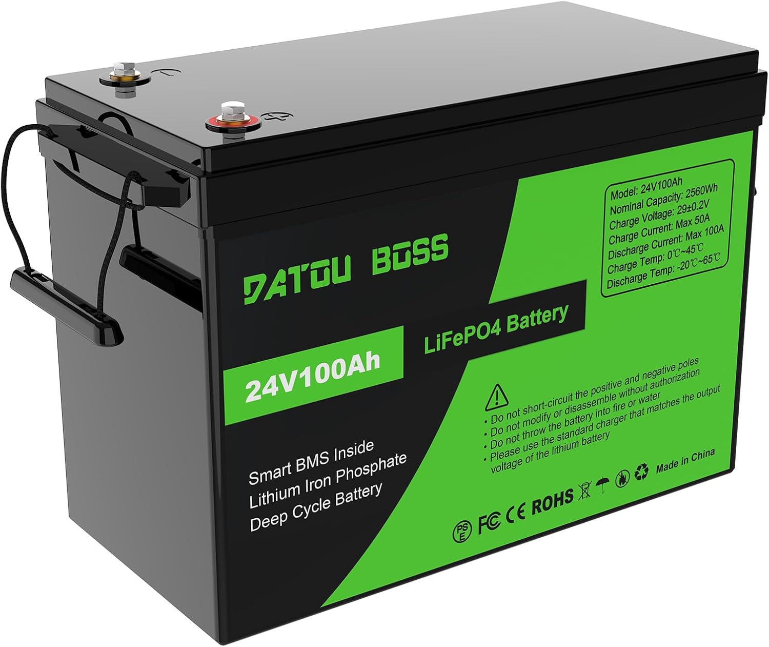 DATOUBOSS LiFePO4 Battery 24V 100Ah 2560Wh, 6000+ Cycles at 80% DOD Lithium Iron Phosphate Rechargeable Battery with 100A BMS Protection, Perfect for Solar, RV, Off-Grid Systems and Energy Storage