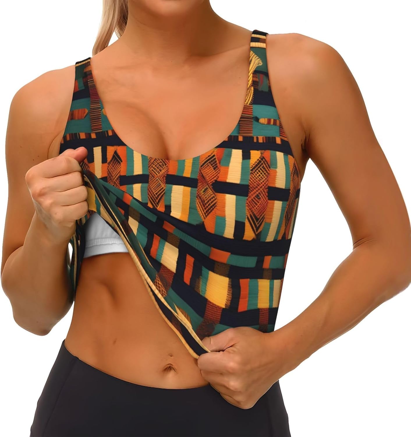 African Classic Weave Print Women's Sports Bra Tank Tops,Longline Sports Bras for Yoga,Workout and Running