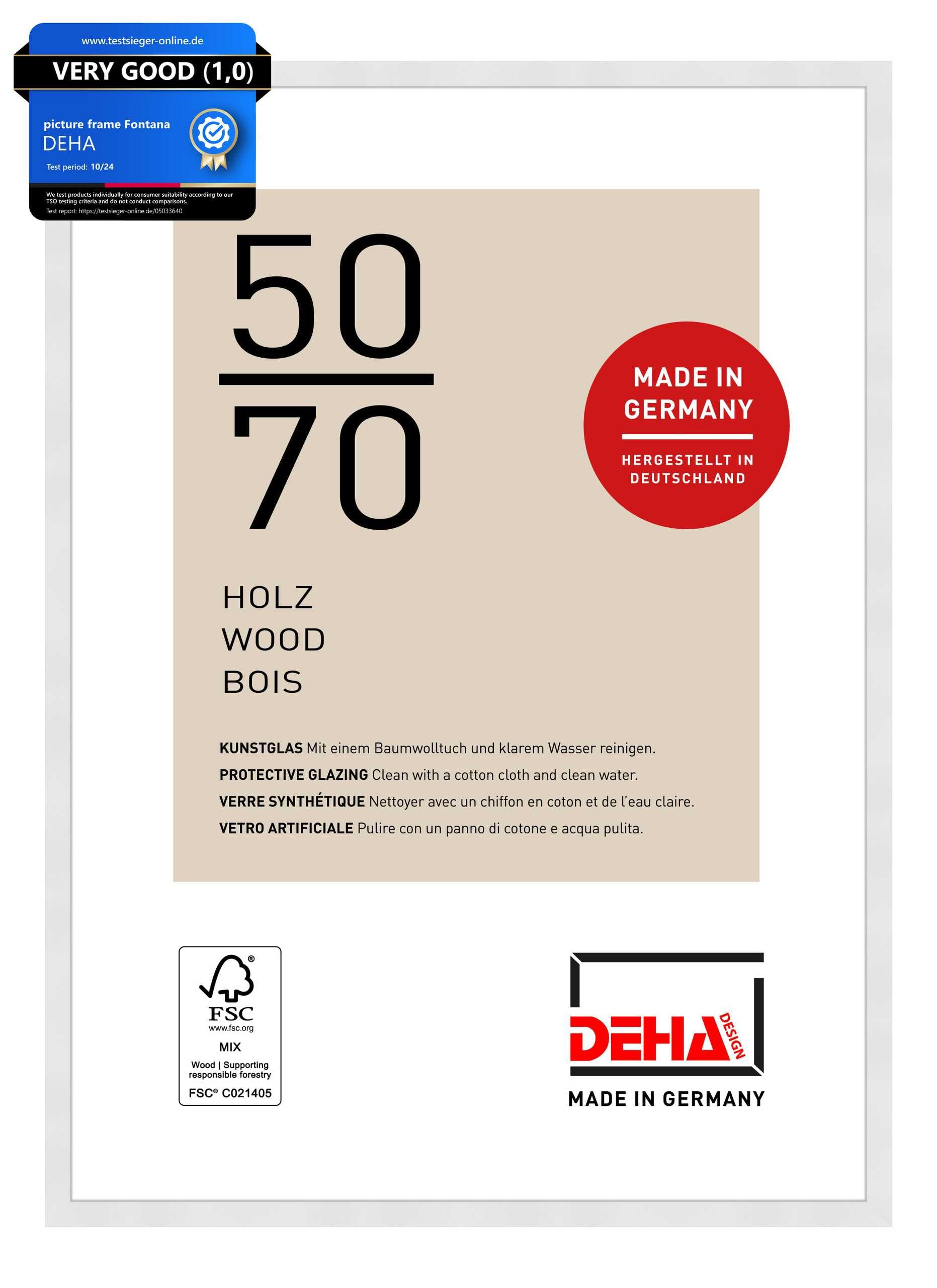 Deha Design White Fontana Wooden Picture Frame - 50X70 Cm – - With Synthetic Glass And Push/Turn Clips