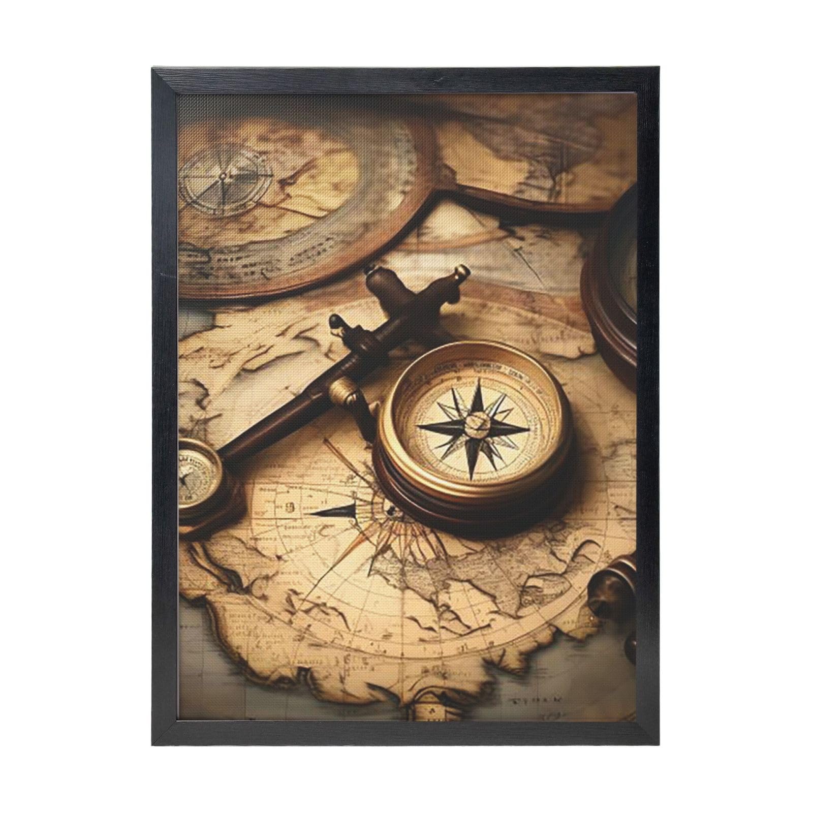 Framed Wall Art - Decorative Canvas Painting Compass and Old World Map Pictures Poster Aesthetic Modern Prints Artwork for Bedroom Office Wall Decor Ready To Hang 12x16 in