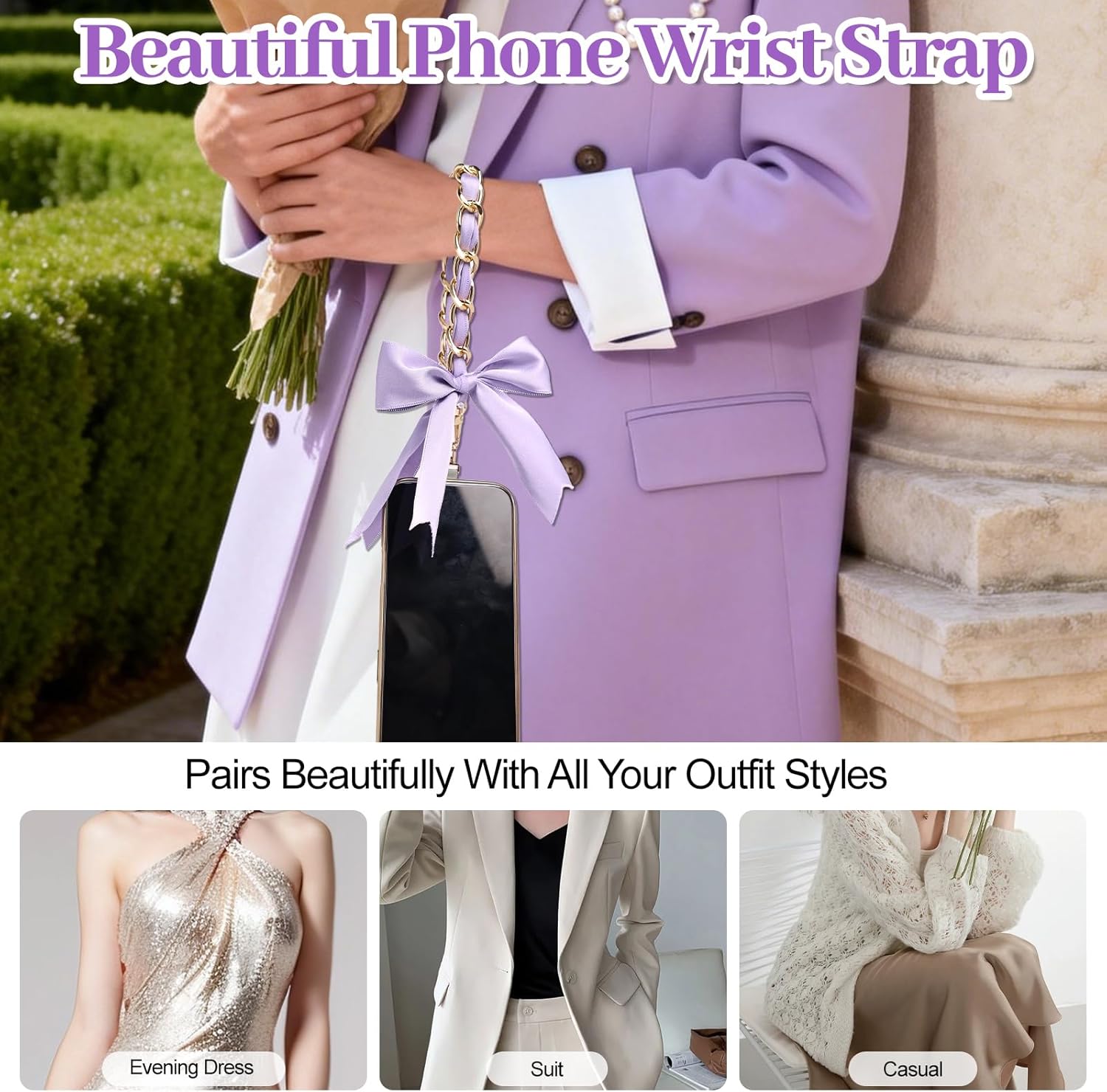 Ribbon Bow Phone Wrist Strap for Women Anti-theft Golden Metal Phone Chain