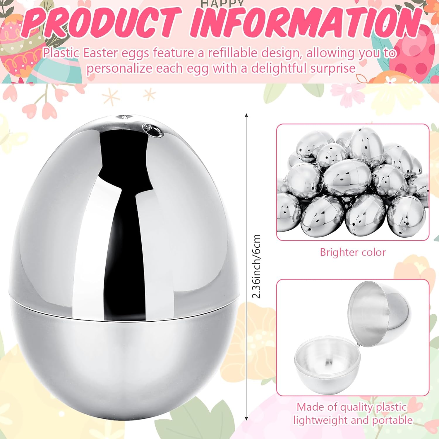 24 Pcs Fillable Easter Eggs 2.36 Inch Easter Eggs with Hinge Plastic Empty Eggs for Easter Egg Hunt Basket Stuffers Easter Theme Decorations (Sliver)