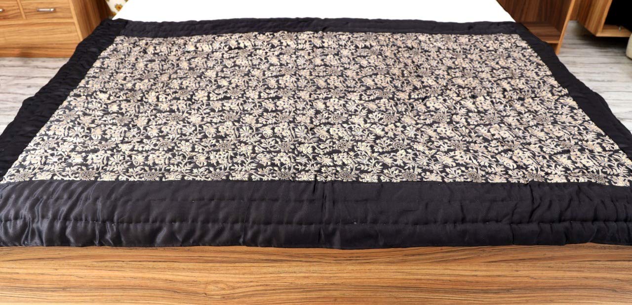 S J Jaipur Rajai Galaxy Filled Floral Print Double Bed Jaipuri Traditional Silki Soft Gold Print razai ac Quilt Duvet Dohar Comforter 85X100-inch - Multicolour Colour Black & Silk with Razai