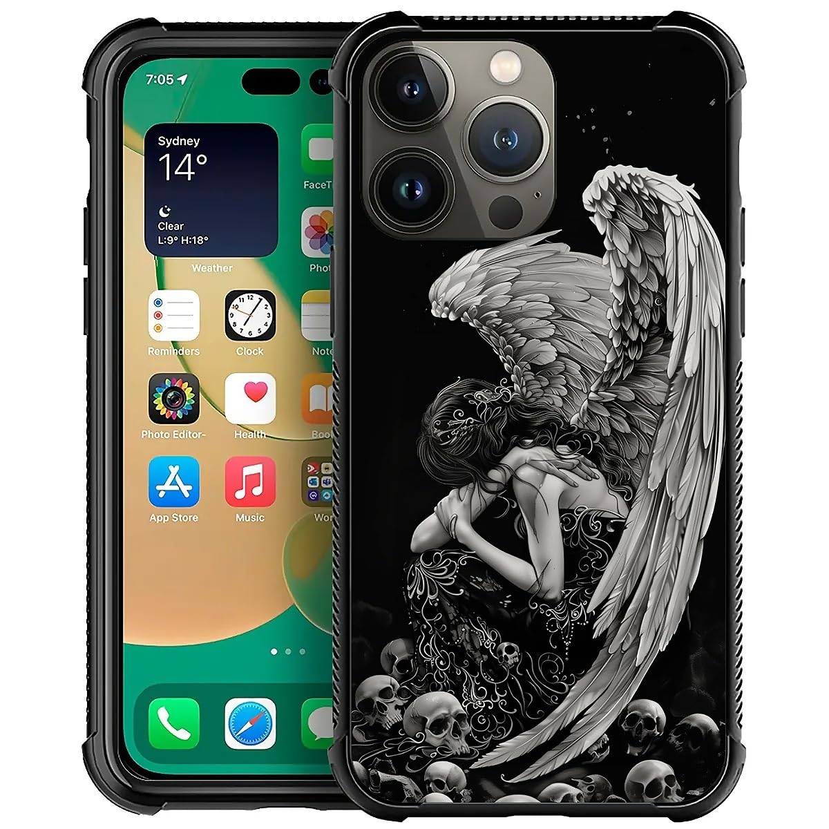 CARLOCA Compatible with iPhone 13 Pro Max Case, Angel Girl Wings Skull Fashion Pattern Design for Girl Shockproof Anti-Scratch Hard PC Back Case for