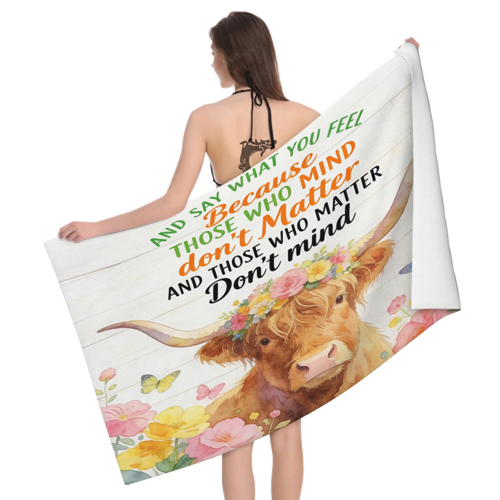 Leichong 3D Highland Cattle Beach Towel Microfiber Soft Quick Dry for Adults, Watercolor Style Bath Towel Lightweight Soft Absorbent for Travel Swimming Pool Sports, 75 x 150 cm