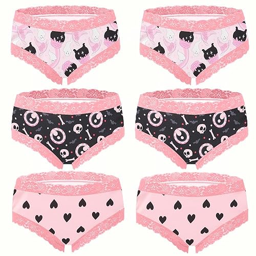 SENBEVINI 6pcs Gothic Chic Low Rise Bikinis Contrast Lace, Skull & Eyeballs & Stars Print, Women Comfortable Hipster Panties - XX-Large - Multicolor3