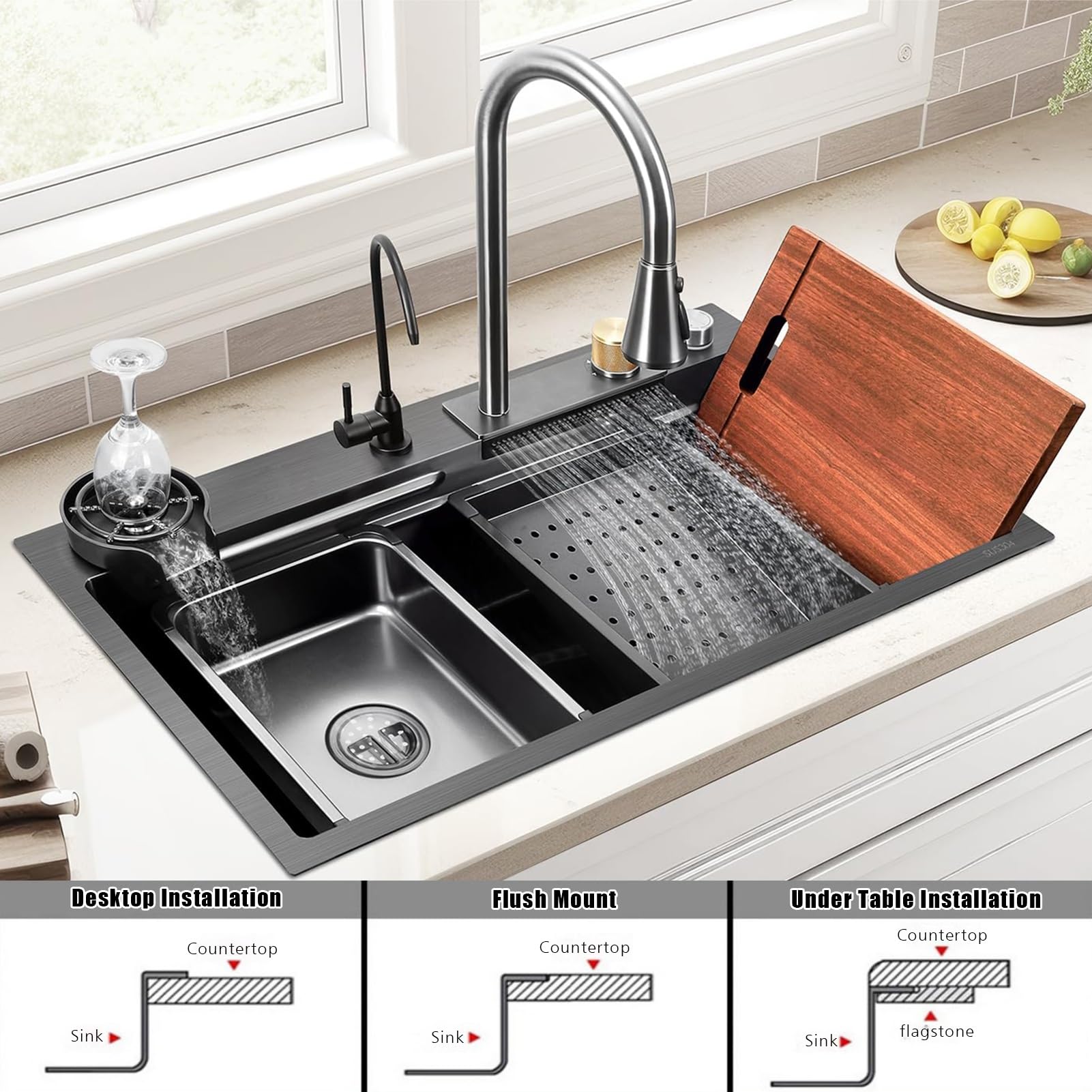 Fregadero De Cocina, Lavavajillas De Acero Inoxidable Nano 304 De Estilo Cascada De Un Solo Tanque